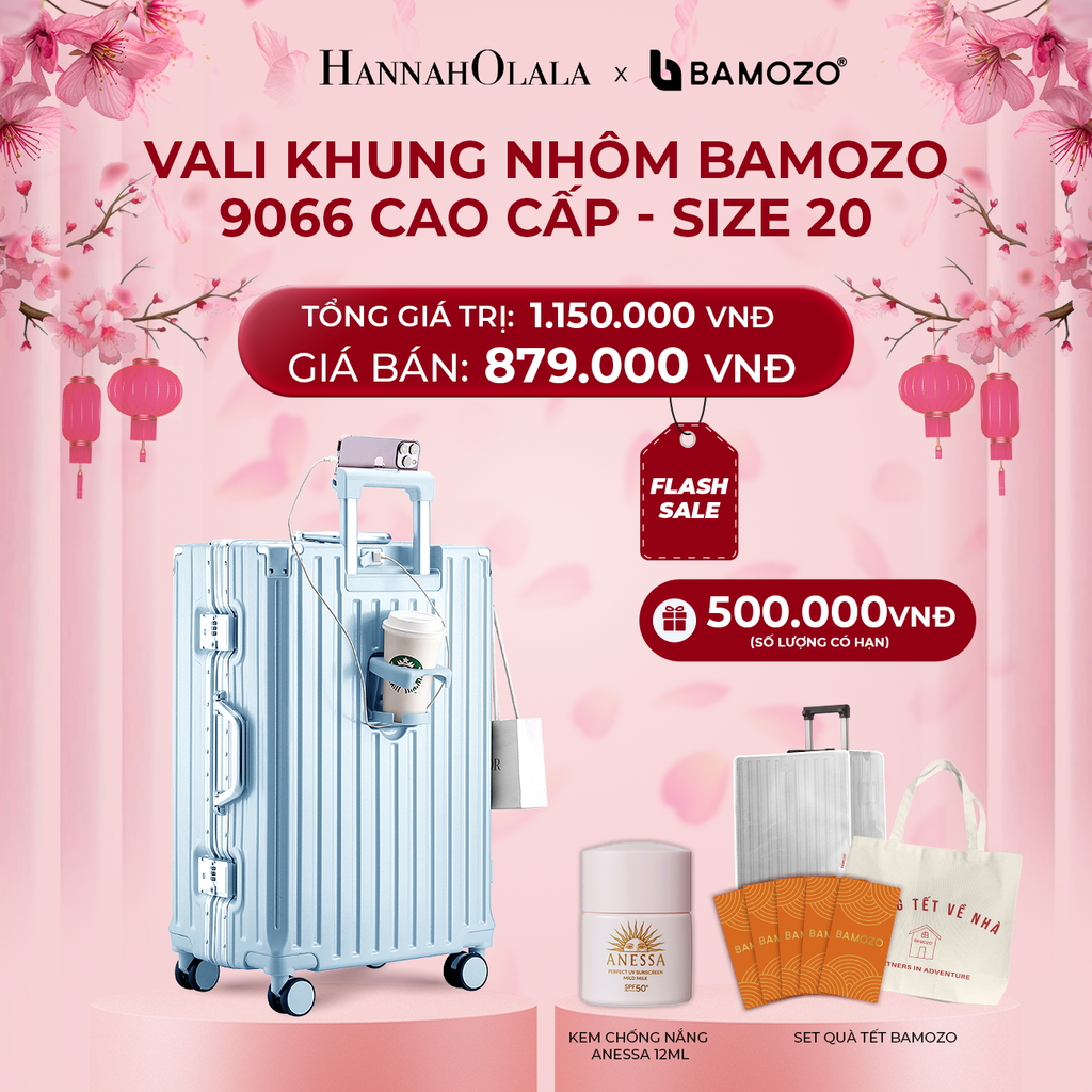  A1716_ FLASH DEAL: VALI BAMOZO KHUNG NHÔM 9066 BẢN CAO CẤP (TẶNG BỌC VALI CC TRONG SUỐT + TỆP LÌ XÌ TẾT + TÚI TOTE + KCN dưỡng da dịu nhẹ ANESSA Perfect UV Sunscreen Mild Milk SPF 50+ PA++++ 12ml) 
