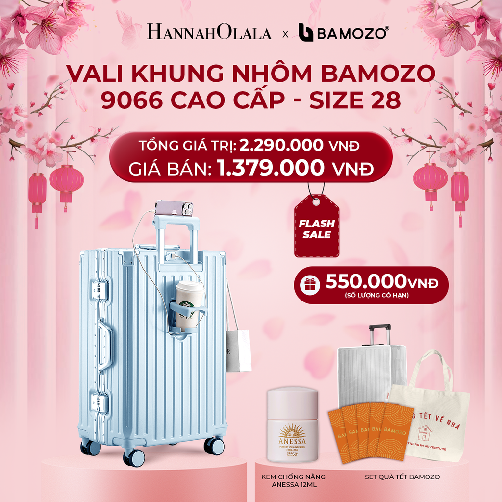  A1716_ FLASH DEAL: VALI BAMOZO KHUNG NHÔM 9066 BẢN CAO CẤP (TẶNG BỌC VALI CC TRONG SUỐT + TỆP LÌ XÌ TẾT + TÚI TOTE + KCN dưỡng da dịu nhẹ ANESSA Perfect UV Sunscreen Mild Milk SPF 50+ PA++++ 12ml) 