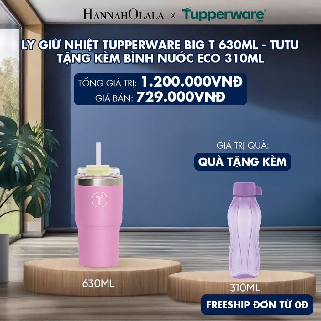  LY GIỮ NHIỆT TUPPERWARE BIG T 630ML - M.I.CREAM - TẶNG KÈM BÌNH NƯỚC ECO 310ML 