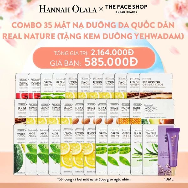  A876_DEAL 1: COMBO 35 MẶT NẠ DƯỠNG DA QUỐC DÂN REAL NATURE (TẶNG KEM DƯỠNG TRẺ HÓA DA YEHWADAM) 
