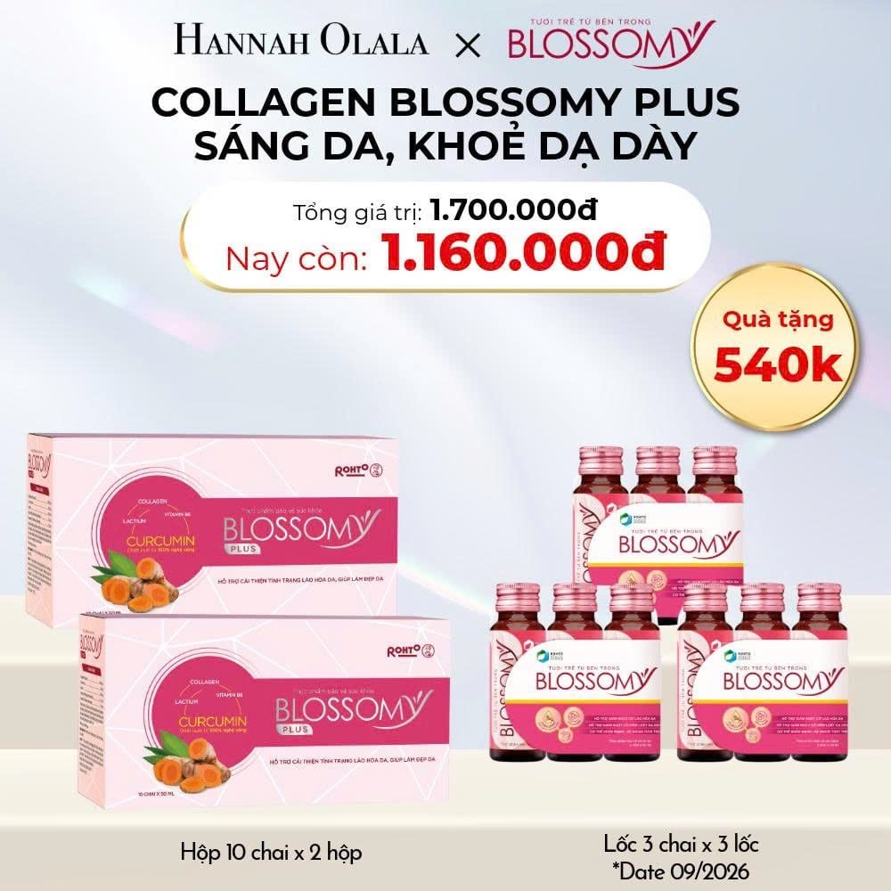  D6_DEAL 15: MUA 2 HỘP 10 THỰC PHẨM BẢO VỆ SỨC KHỎE BLOSSOMY PLUS - 1.000 MG COLLAGEN THỦY PHÂN TẶNG 3 LỐC 3 THỰC PHẨM BẢO VỆ SỨC KHỎE BLOSSOMY - 50 MG COLLAGEN THỦY PHÂN (HỘP 10 CHAI X 2 HỘP & LỐC 3 CHAI X 3 LỐC) 