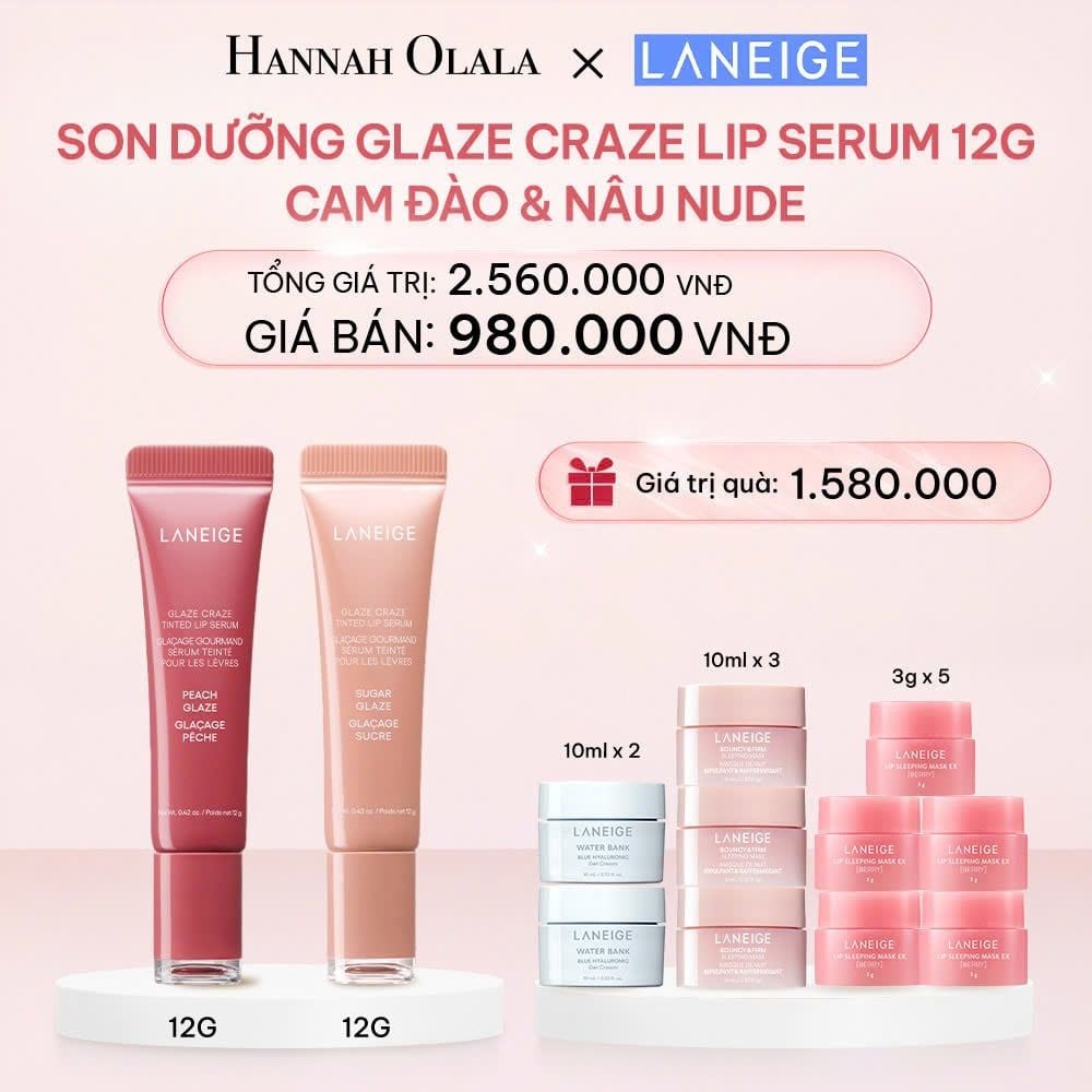  E261_DEAL 10: COMBO 2 SON DƯỠNG CÓ MÀU LANEIGE LIP CRAZE SERUM 12GX2 (CAM ĐÀO & NÂU NUDE) 