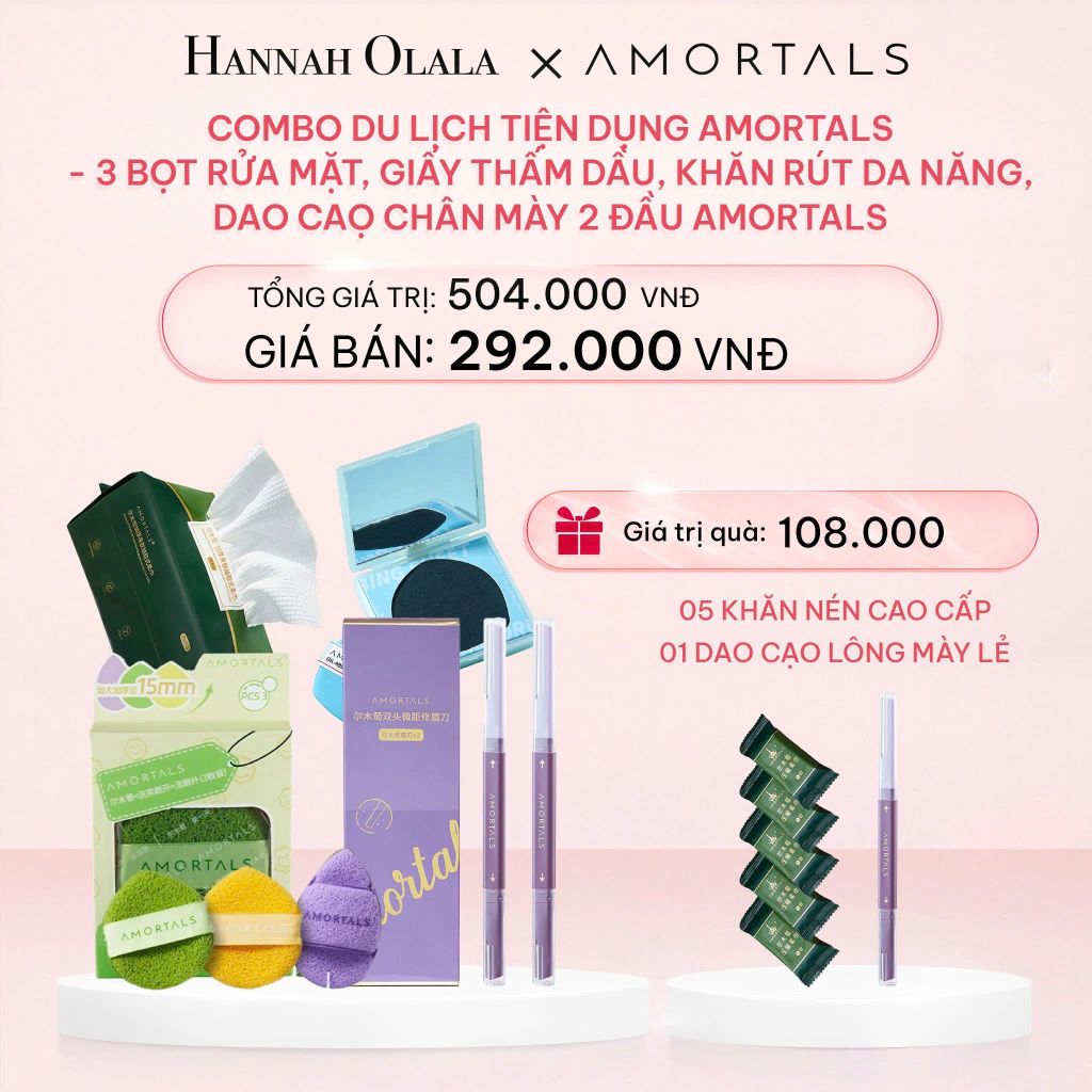  DEAL 21: COMBO DU LỊCH TIỆN DỤNG AMORTALS - 3 BỌT RỬA MẶT, GIẤY THẤM DẦU, KHĂN RÚT DA NĂNG, DAO CAỌ CHÂN MÀY 2 ĐẦU AMORTALS 