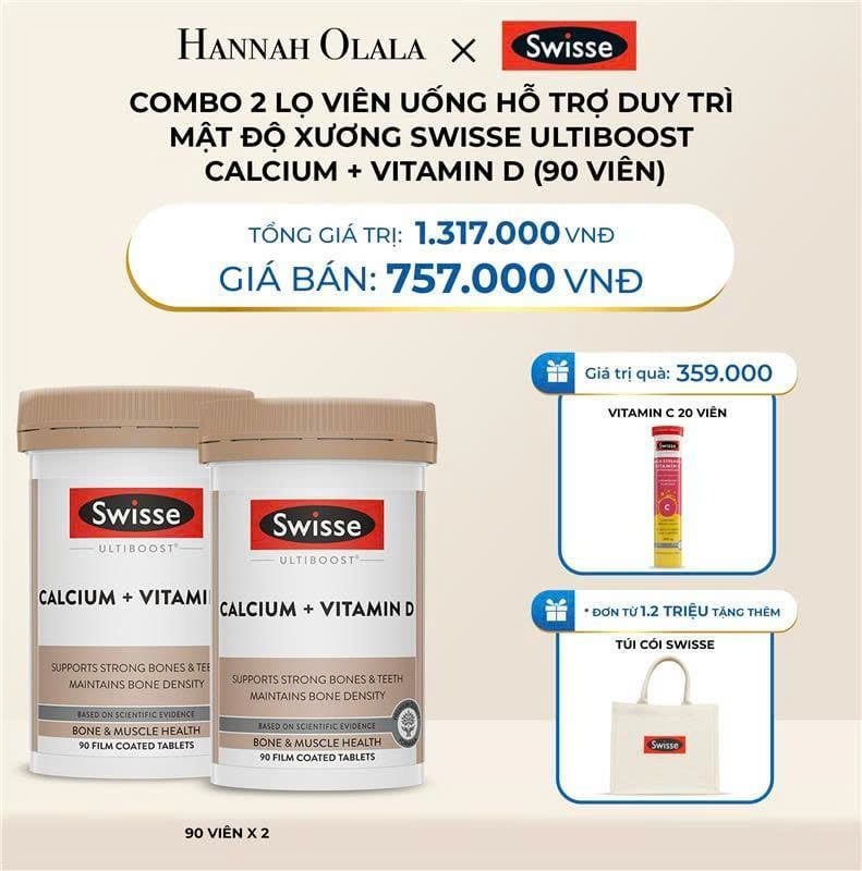  DEAL 9: COMBO 2 LỌ HỖ TRỢ DUY TRÌ MẬT ĐỘ XƯƠNG SWISSE ULTIBOOST CALCIUM + VITAMIN D 90 VIÊN/ LỌ 