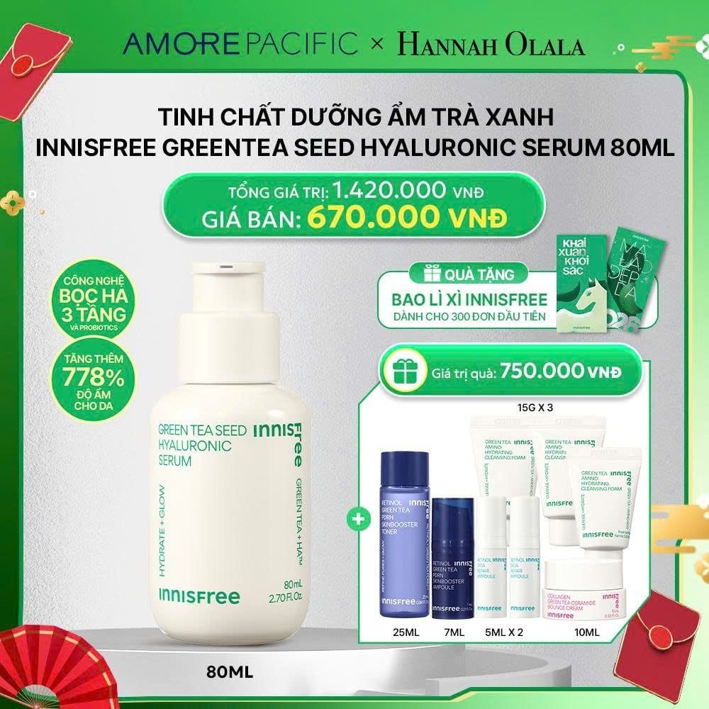  D99_DEAL 3: SERUM TRÀ XANH CẤP ẨM SÂU PHỤC HỒI DA, VỚI PROBIOTICS INNISFREE GREEN TEA SEED HYALURONIC SERUM 80ML 
