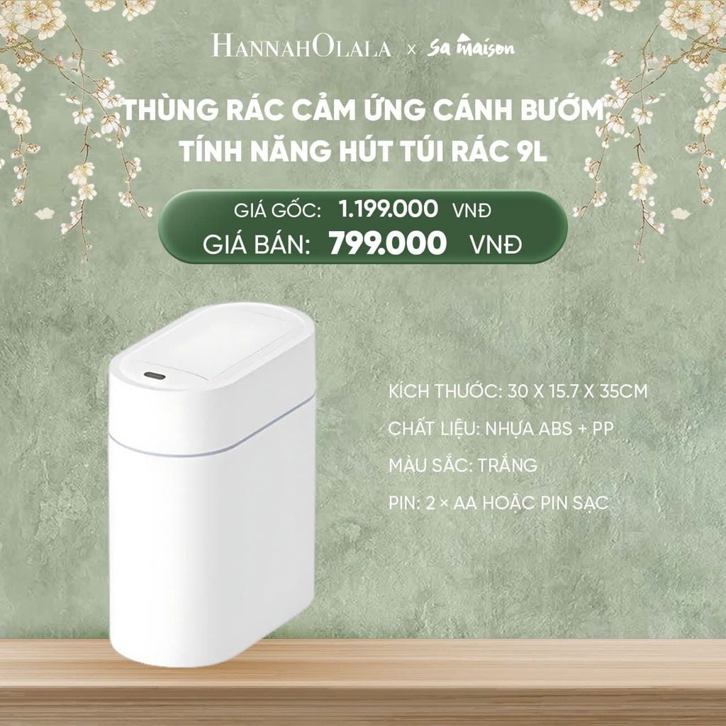  DEAL 20: THÙNG RÁC CẢM ỨNG CÁNH BƯỚM NHỰA 9L CÓ TÍNH NĂNG HÚT TÚI RÁC 