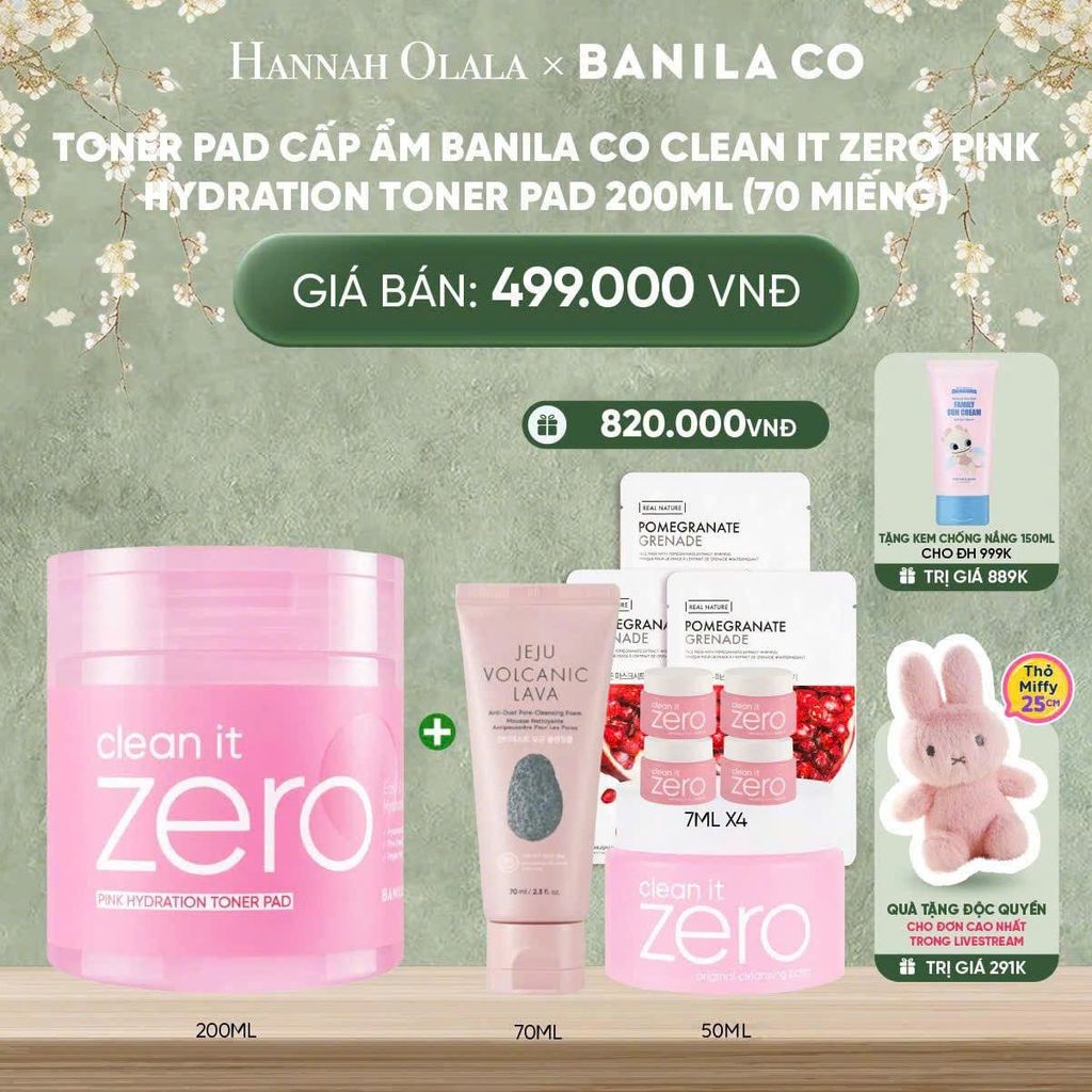  D896_DEAL 3: TONER PAD CẤP ẨM BANILA CO CLEAN IT ZERO PINK HYDRATION TONER PAD 200ML (70 MIẾNG) 