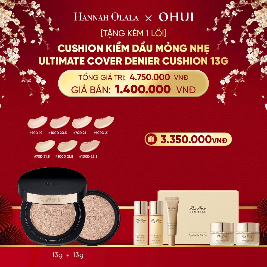  DEAL 40: [TẶNG KÈM 1 LÕI] PHẤN NƯỚC KIỀM DẦU MỎNG NHẸ OHUI ULTIMATE COVER DENIER CUSHION 13G 