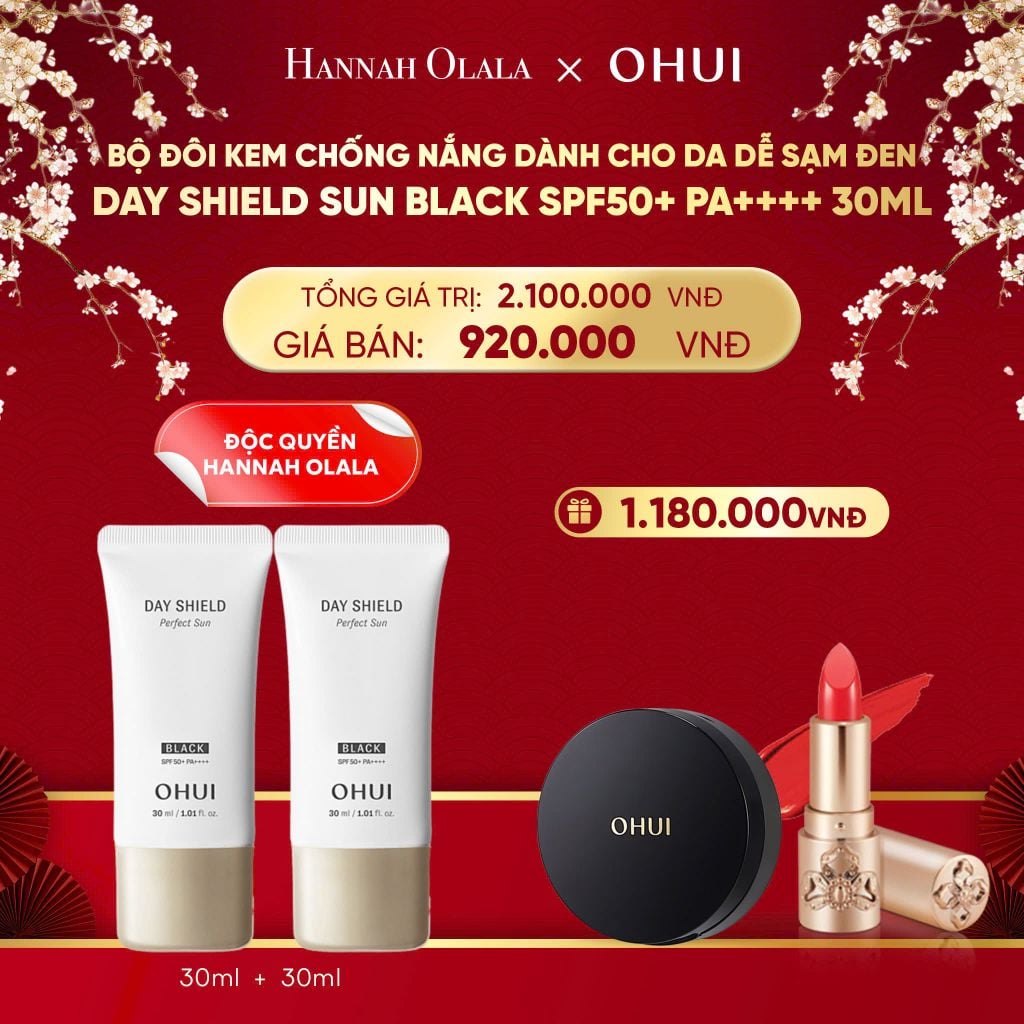  DEAL 44: [ĐỘC QUYỀN HANNAH OLALA] BỘ ĐÔI KEM CHỐNG NẮNG DÀNH CHO DA DỄ SẠM ĐEN OHUI DAY SHIELD SUN BLACK SPF50+ PA++++ 30ML 