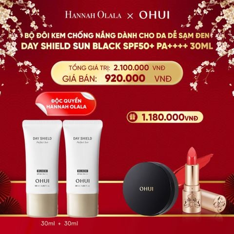  DEAL 44: [ĐỘC QUYỀN HANNAH OLALA] BỘ ĐÔI KEM CHỐNG NẮNG DÀNH CHO DA DỄ SẠM ĐEN OHUI DAY SHIELD SUN BLACK SPF50+ PA++++ 30ML 