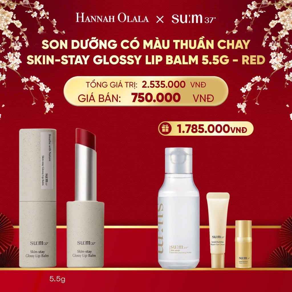  DEAL 32: SON DƯỠNG CÓ MÀU THUẦN CHAY SU:M37 SKIN-STAY GLOSSY LIP BALM 5.5G - RED 