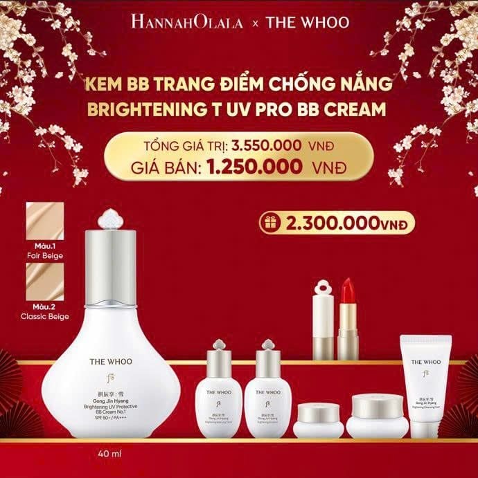  DEAL 16: PHIÊN BẢN 2025 - KEM BB TRANG ĐIỂM CHỐNG NẮNG WHOO SEOL BRIGHT UV PRO BB CREAM 40ML 