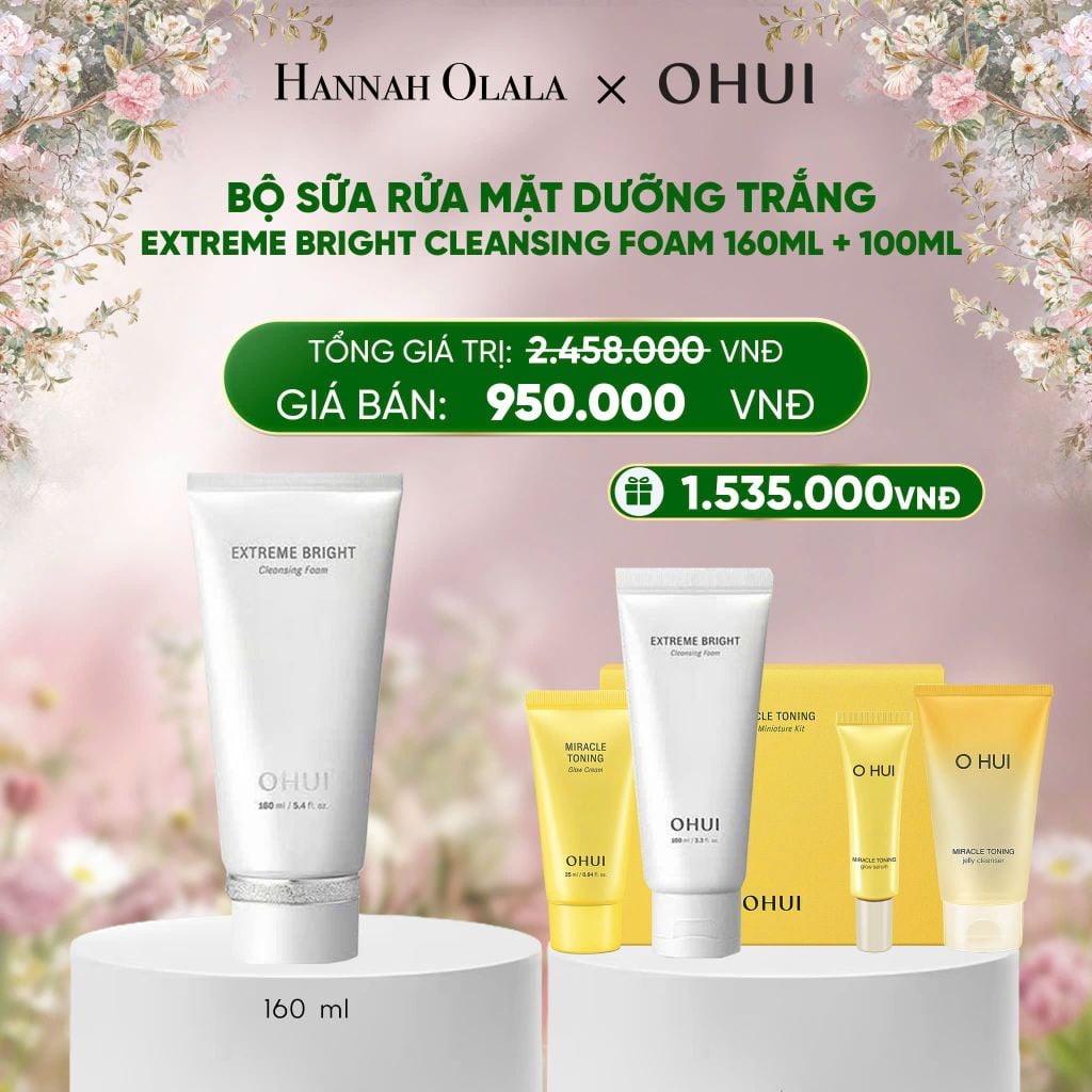  DEAL 48: BỘ SỮA RỬA MẶT DƯỠNG TRẮNG OHUI EXTREME BRIGHT CLEANSING FOAM 160ML+100ML 