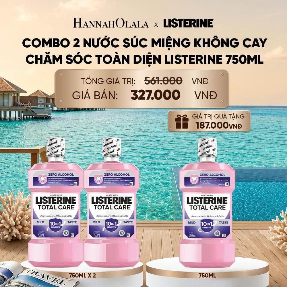  MUA 2 TẶNG 1 NƯỚC SÚC MIỆNG CHĂM SÓC TOÀN DIỆN KHÔNG CAY LISTERINE TOTAL CARE ZERO 750ML 
