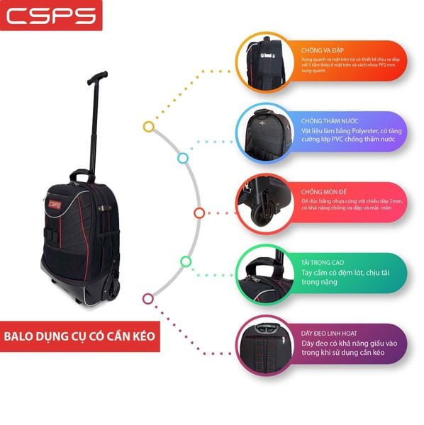 Balo dụng cụ có cần kéo CSPS 36cm: Ảnh giới thiệu balo có cần kéo và ngăn tháo rời