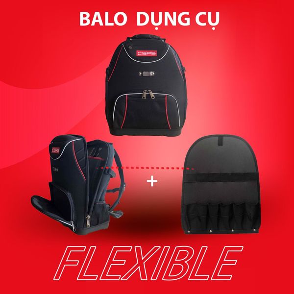 Balo dụng cụ CSPS 37cm: Ảnh giới thiệu balo và ngăn đựng dụng cụ tháo rời