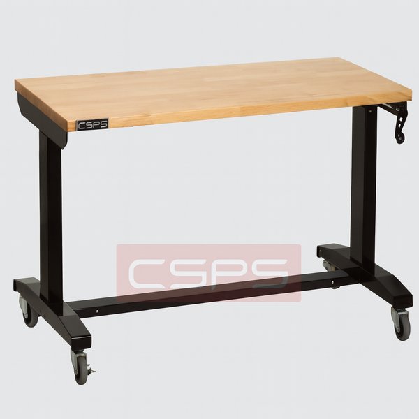 Bàn điều chỉnh độ cao CSPS 117cm - 132cm - 157cm: Chân đen mặt gỗ có bánh xe nhìn nghiêng