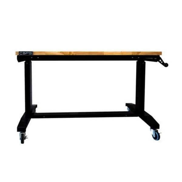 Bàn điều chỉnh độ cao CSPS 117cm - 132cm - 157cm: Chân đen mặt gỗ có bánh xe nhìn nghiêng