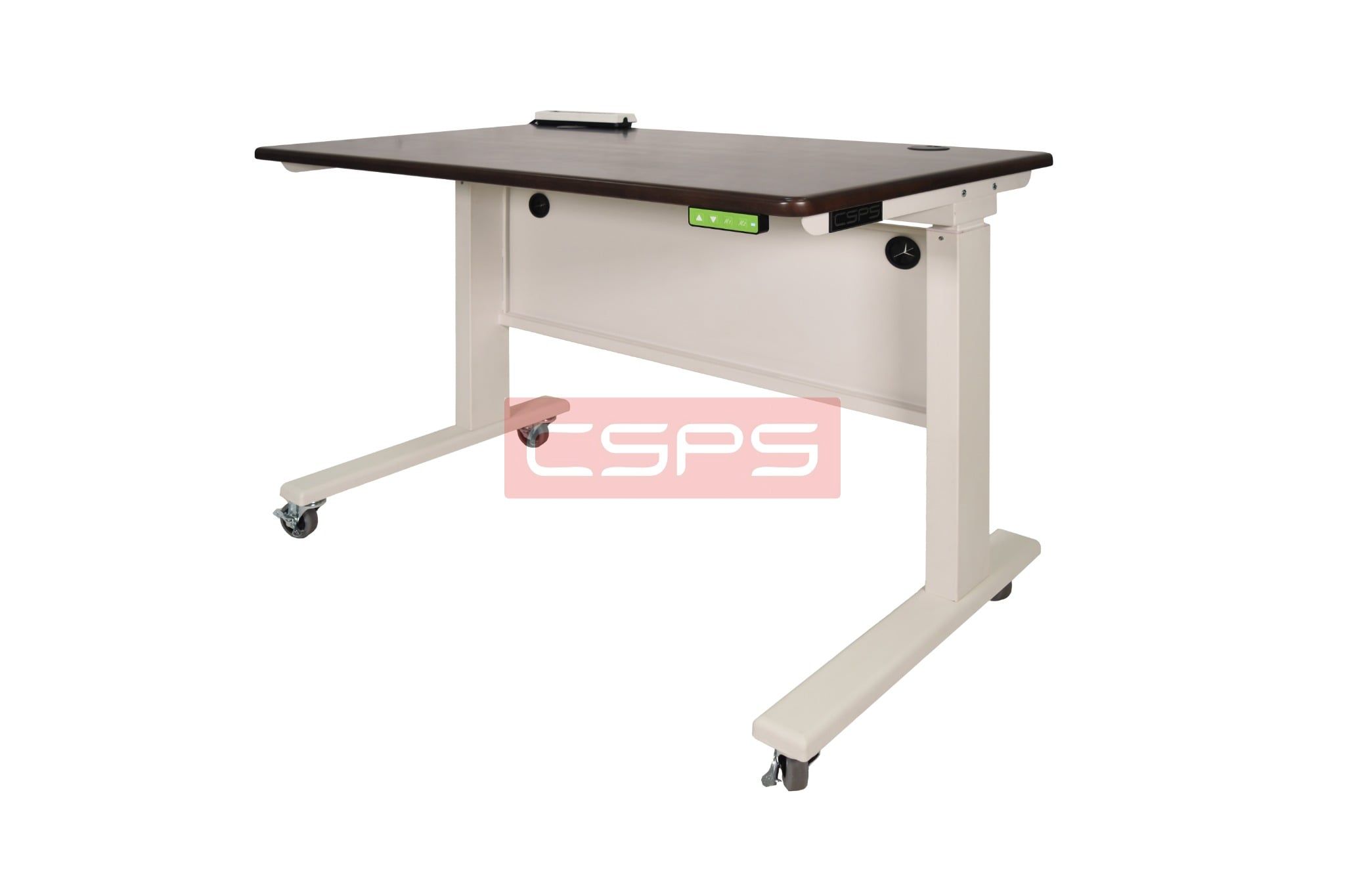 Bàn điều chỉnh chiều cao bằng điện CSPS 117cm màu trắng: Chân trắng hạ thấp nhìn nghiêng