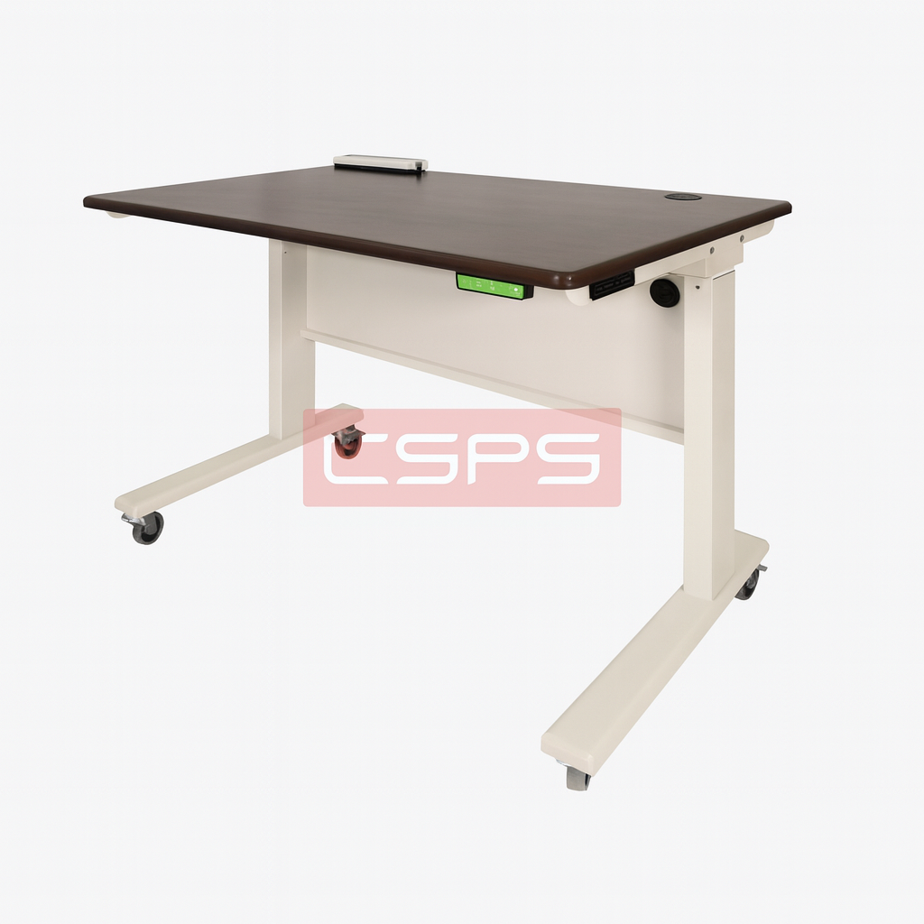 Bàn điều chỉnh chiều cao bằng điện CSPS 117cm màu trắng: Toàn cảnh bàn chân trắng với mặt bàn tối màu