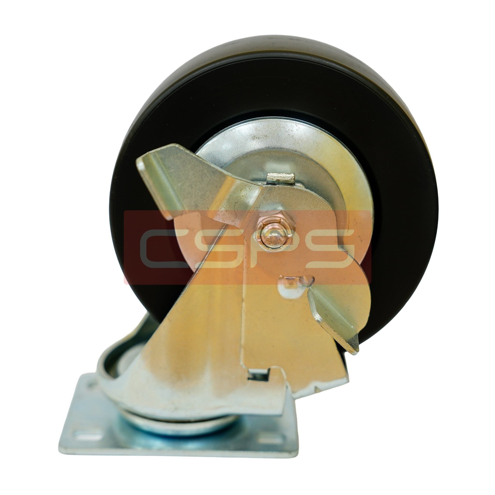 Bánh xe CSPS 227kg đế xoay khóa mạ kẽm: Bánh xe và đế lắp nhìn nghiêng từ phía dưới