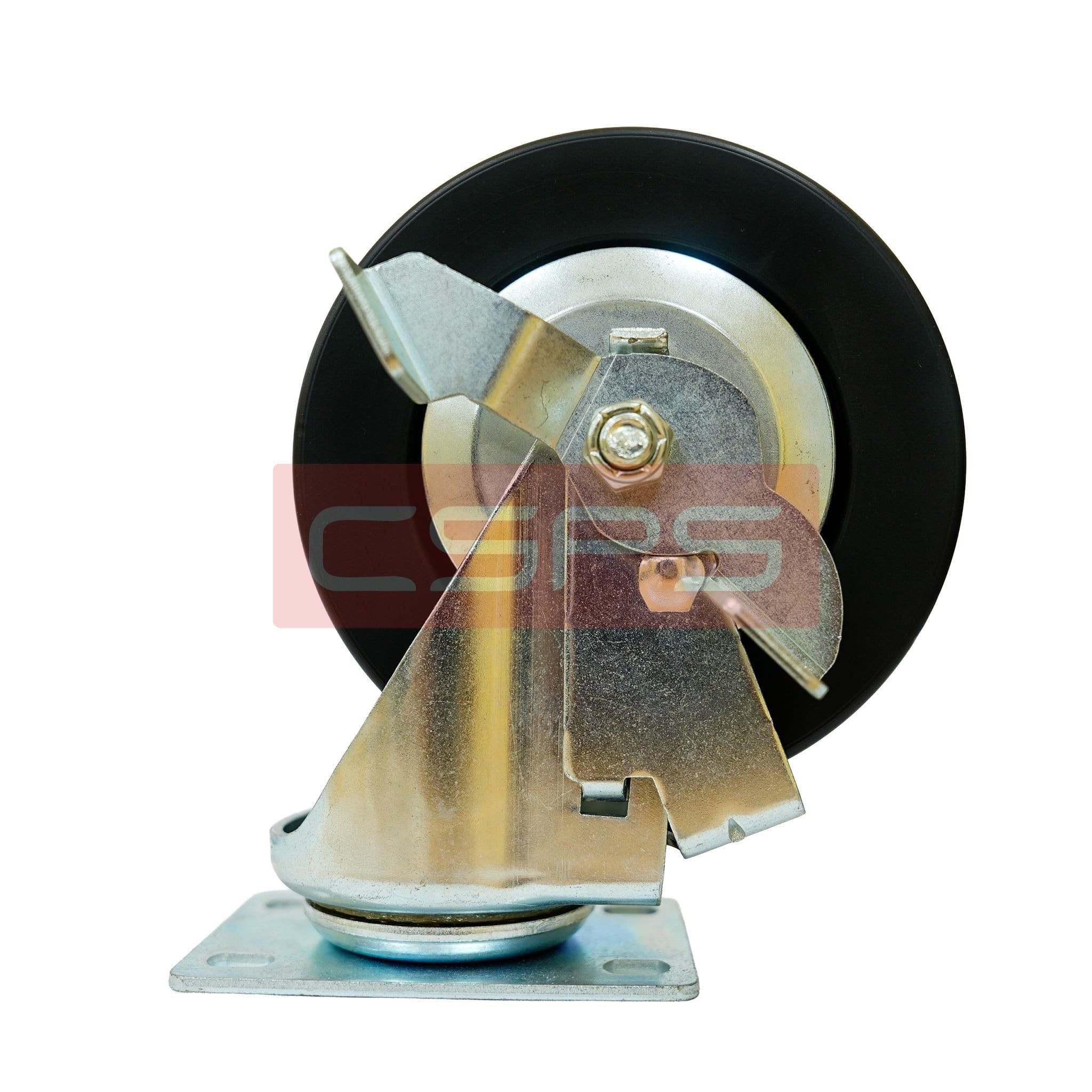 Bánh xe CSPS 227kg đế xoay khóa mạ kẽm: Mặt bên bánh xe và bàn đạp khóa