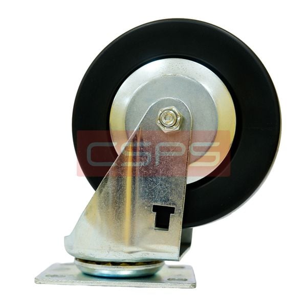 Bánh xe CSPS 227kg đế xoay không khóa mạ kẽm: Bánh xe và đế xoay nhìn nghiêng từ phía dưới