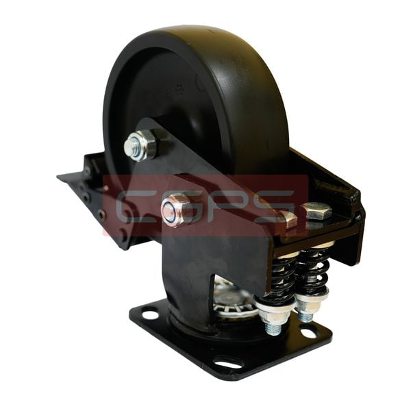 Bánh xe CSPS 350kg, lò xo giảm xóc, đế xoay khóa màu đen: Toàn cảnh bánh xe và bàn đạp khóa nhìn từ bên hông