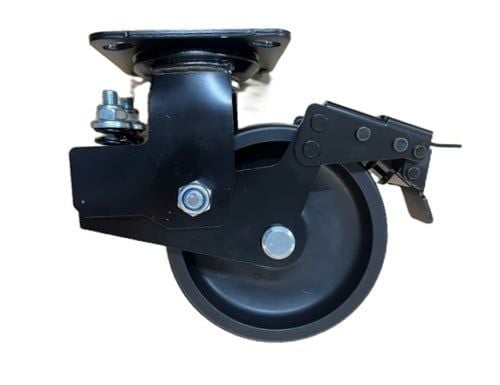 Bánh xe CSPS 350kg, lò xo giảm xóc, đế xoay khóa màu đen: Toàn cảnh bánh xe và bàn đạp khóa nhìn từ bên hông