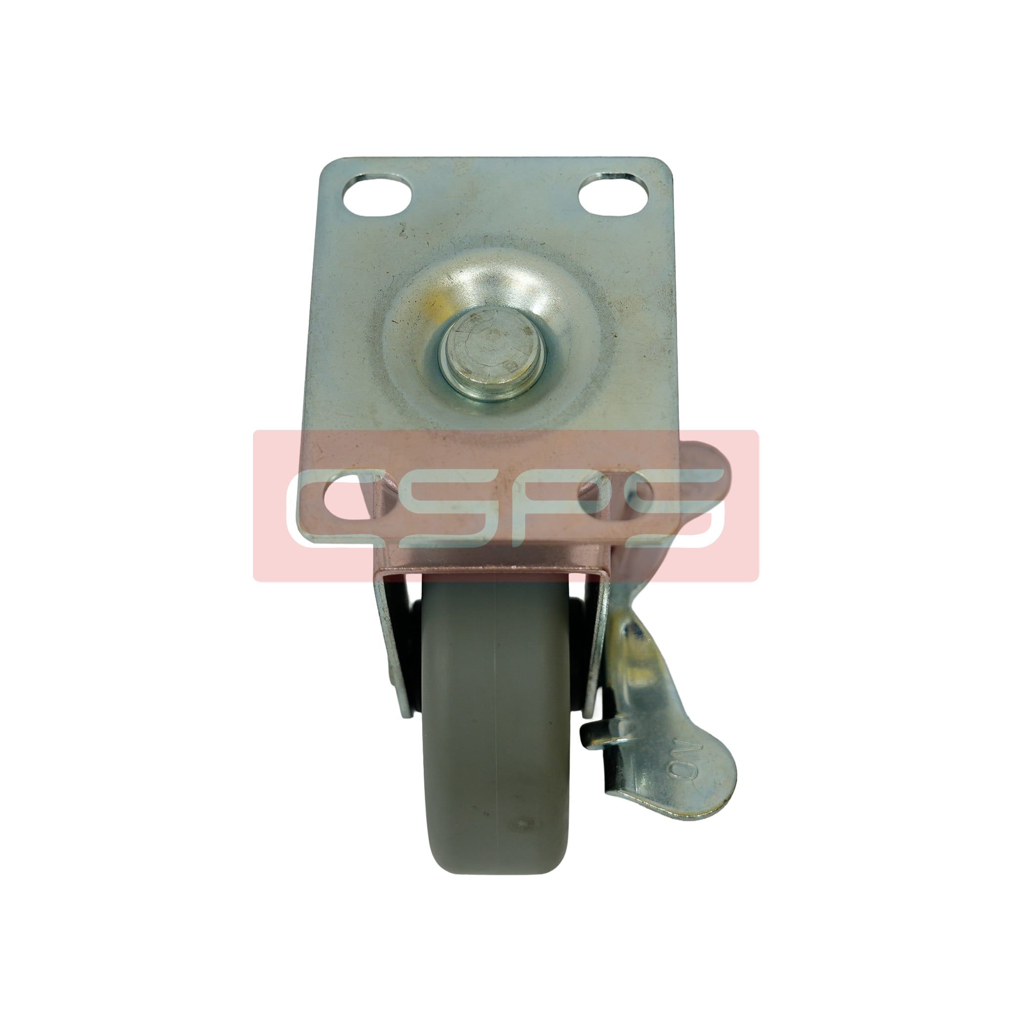 Bánh xe CSPS 51kg đế xoay khóa mạ kẽm: Mặt đế lắp bốn lỗ và bánh xe nhìn từ trên