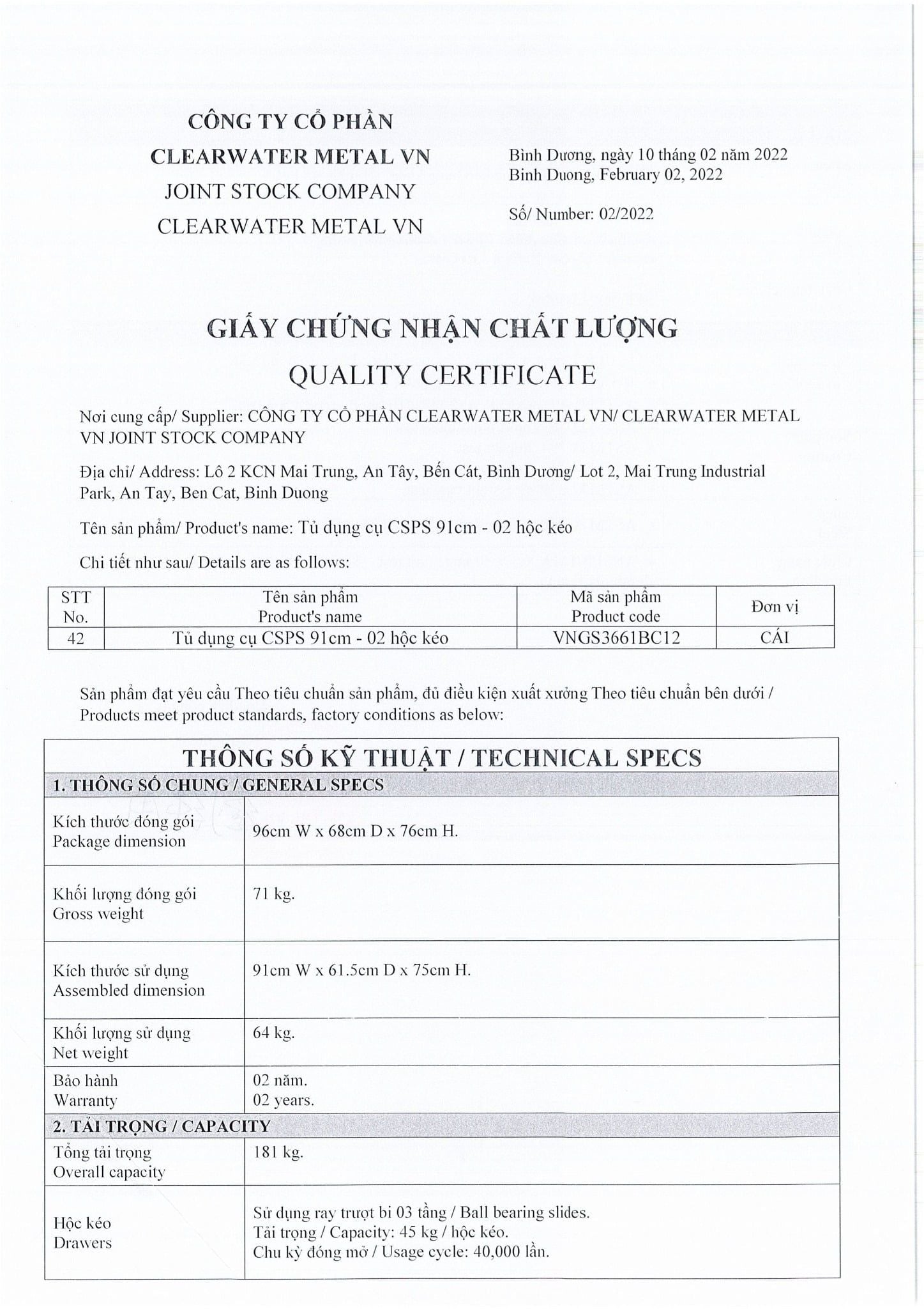 Tủ dụng cụ CSPS 91cm - 02 hộc kéo