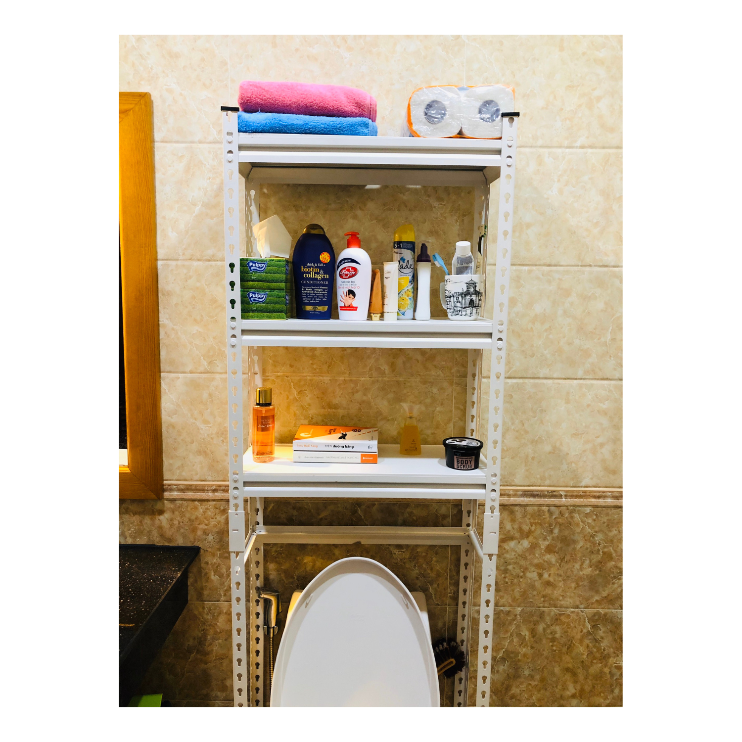 Kệ để đồ nhà vệ sinh 61cm: Kệ màu trắng lắp trên bồn cầu