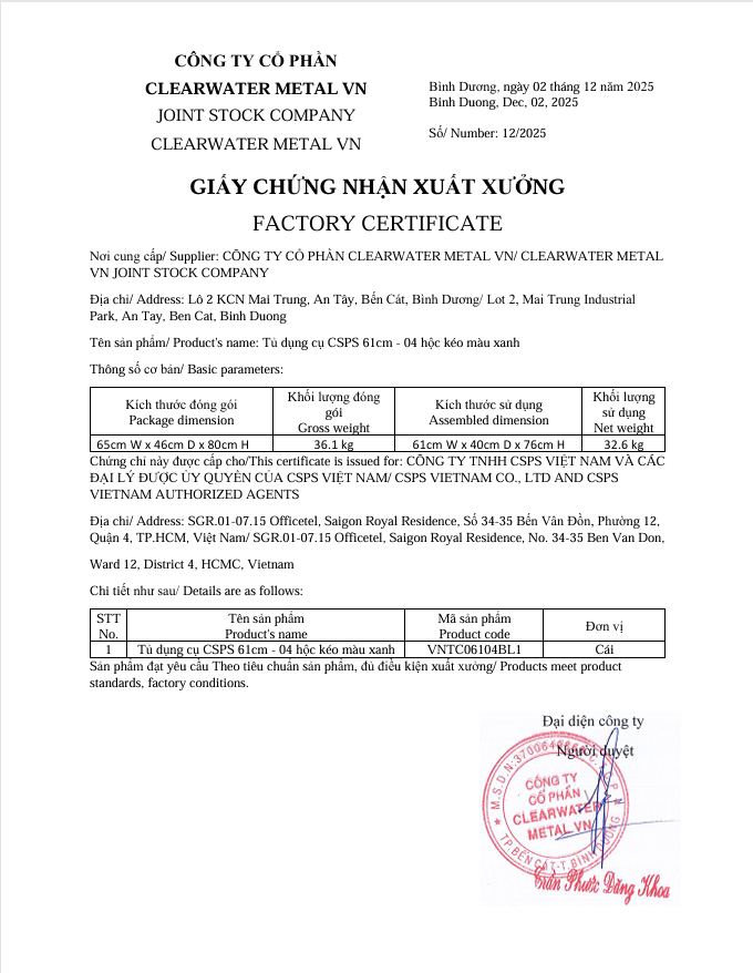  Tủ dụng cụ CSPS 61cm - 04 hộc kéo màu xanh dương 