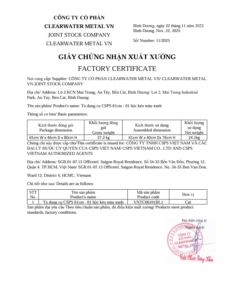  Tủ dụng cụ CSPS 61cm - 01 hộc kéo màu xanh dương 