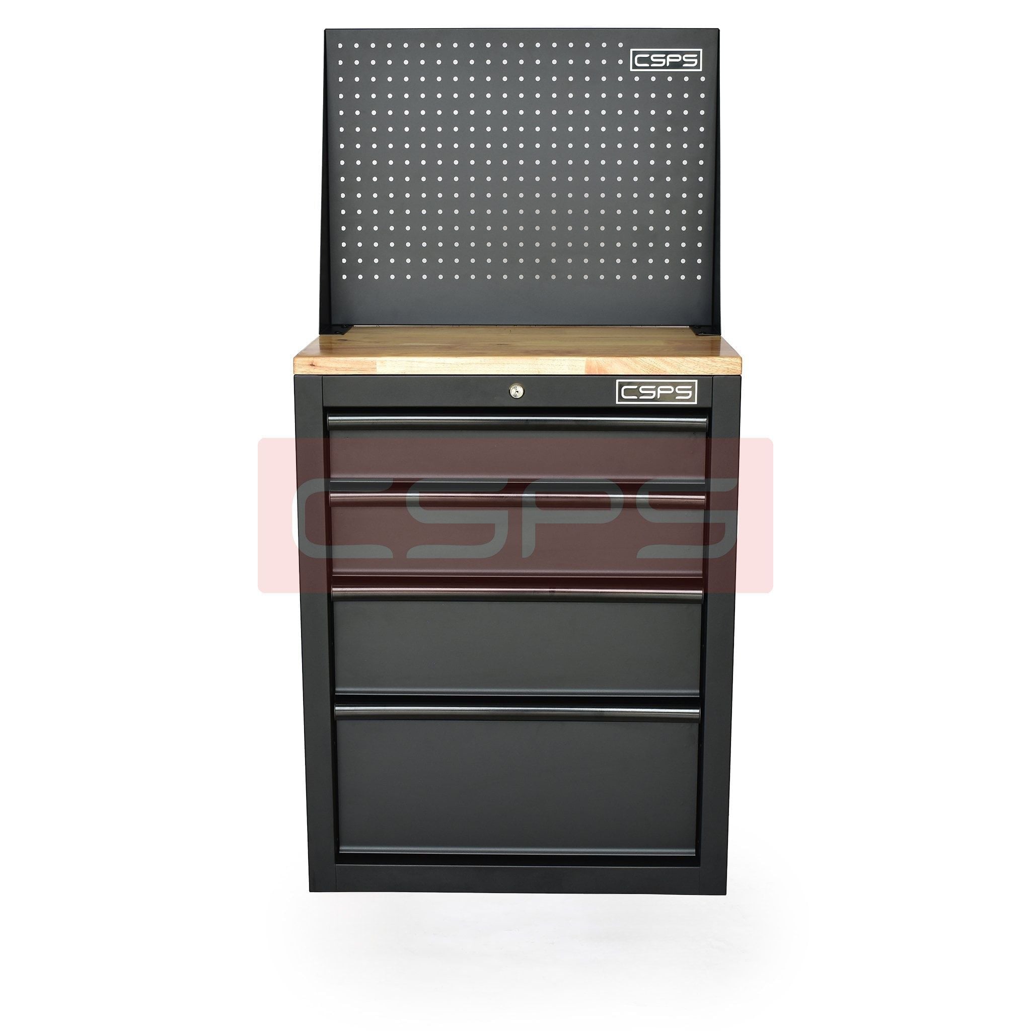 Tủ dụng cụ CSPS 61cm - 04 hộc kéo: Tủ đen mặt gỗ vách lưới nhìn chính diện