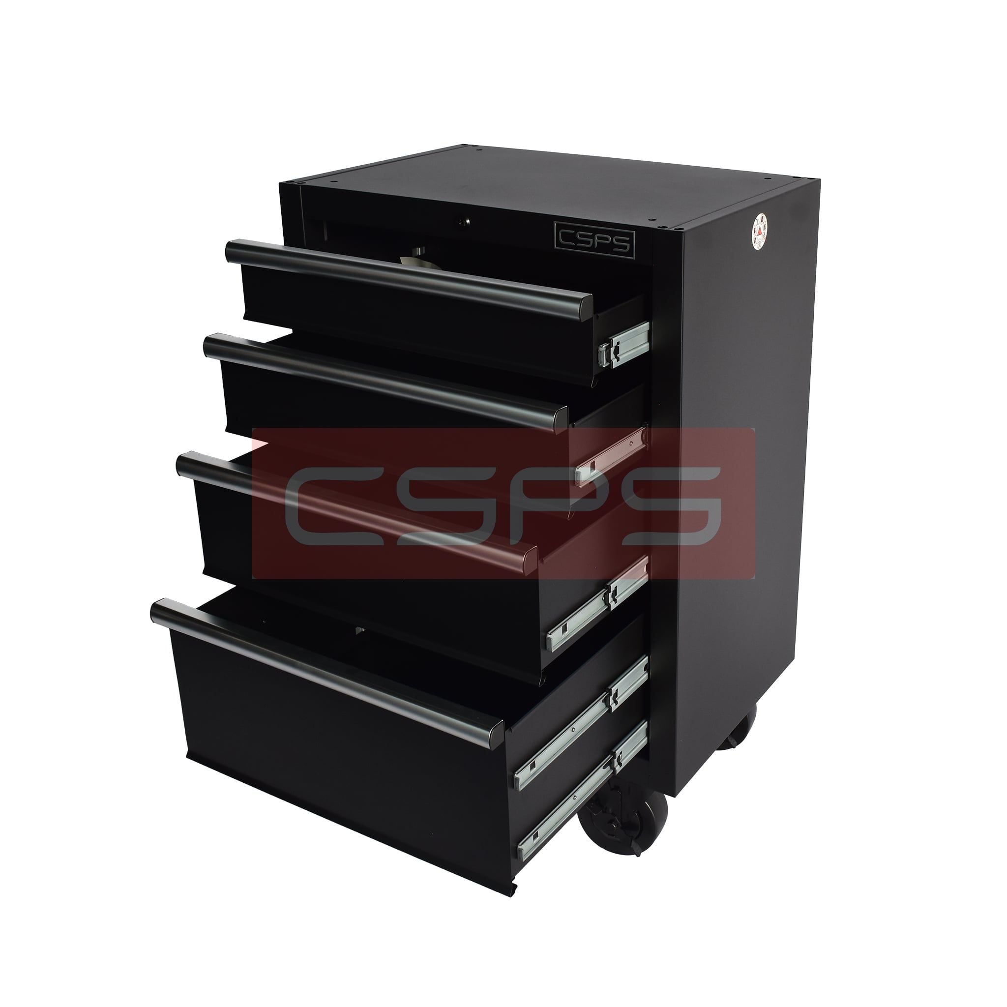 Tủ dụng cụ CSPS 61cm - 04 hộc kéo: Tủ đen tay cầm đen bánh xe mở hộc kéo