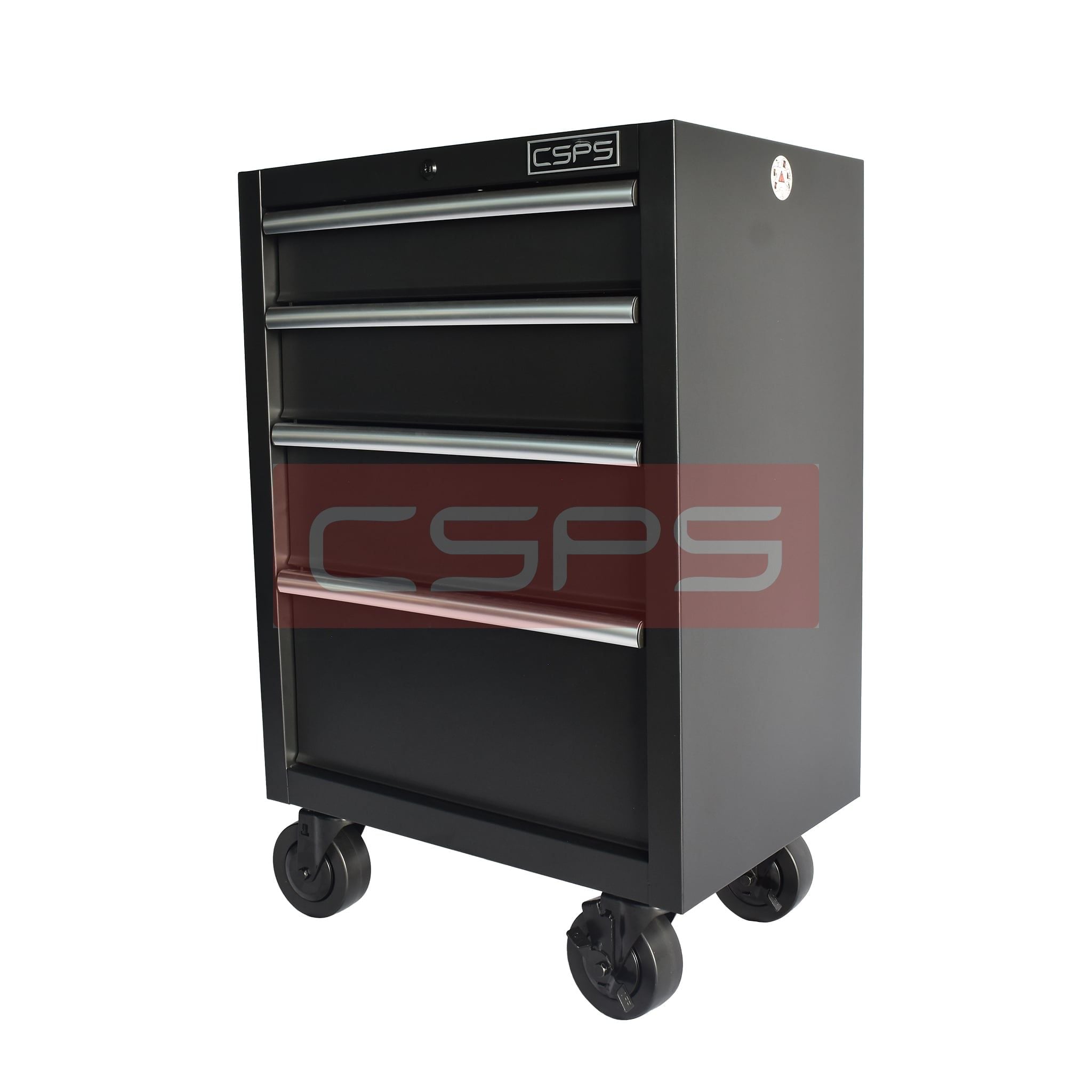 Tủ dụng cụ CSPS 61cm - 04 hộc kéo: Tủ đen tay cầm đen bánh xe nhìn nghiêng