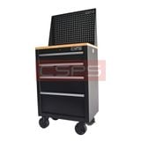 Tủ dụng cụ CSPS 61cm - 04 hộc kéo: Tủ đen tay cầm đen mặt gỗ vách lưới bánh xe nhìn nghiêng