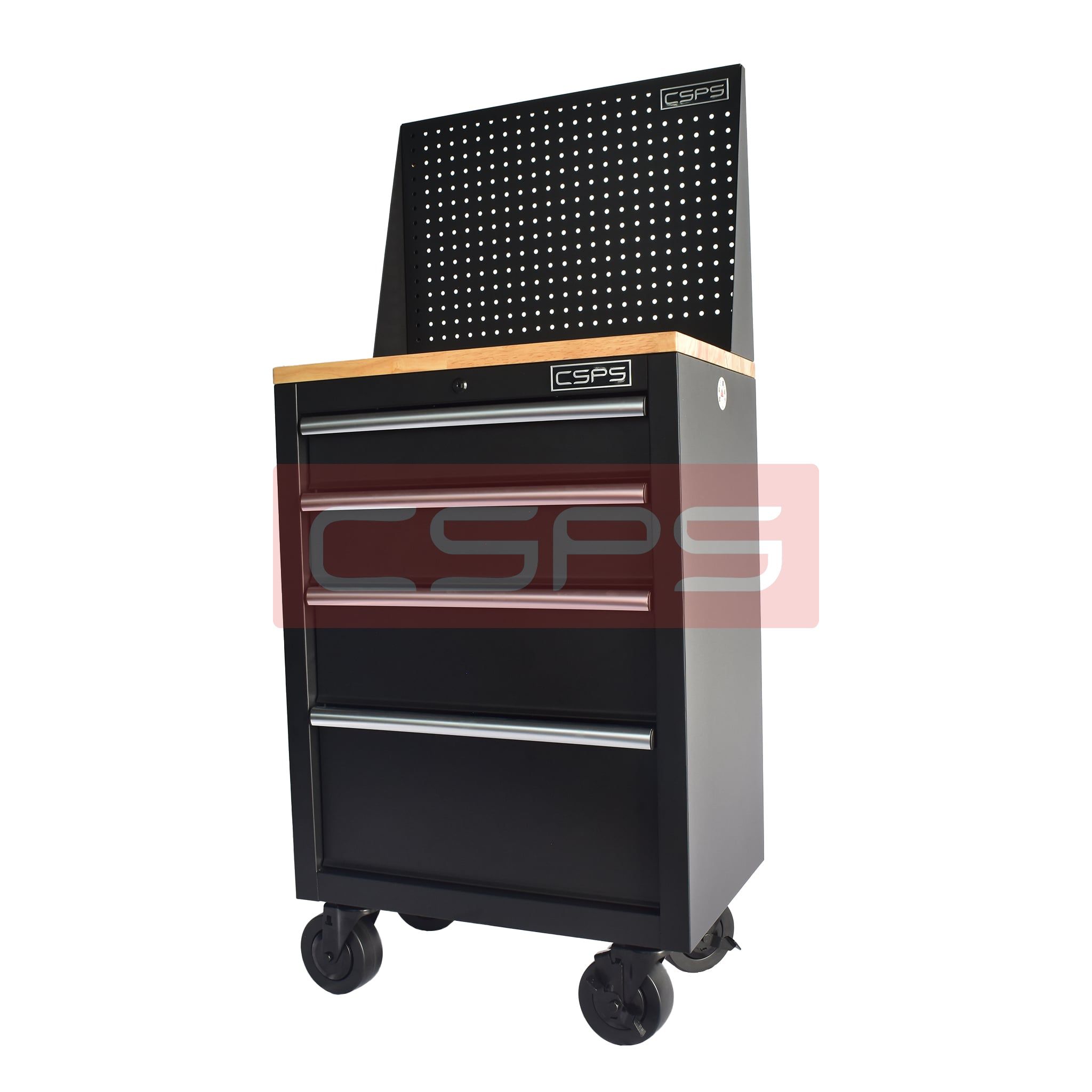 Tủ dụng cụ CSPS 61cm - 04 hộc kéo: Tủ đen tay cầm đen mặt gỗ vách lưới bánh xe nhìn nghiêng