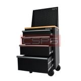 Tủ dụng cụ CSPS 61cm - 04 hộc kéo: Tủ đen tay cầm đen mặt gỗ vách lưới bánh xe mở hộc góc trái