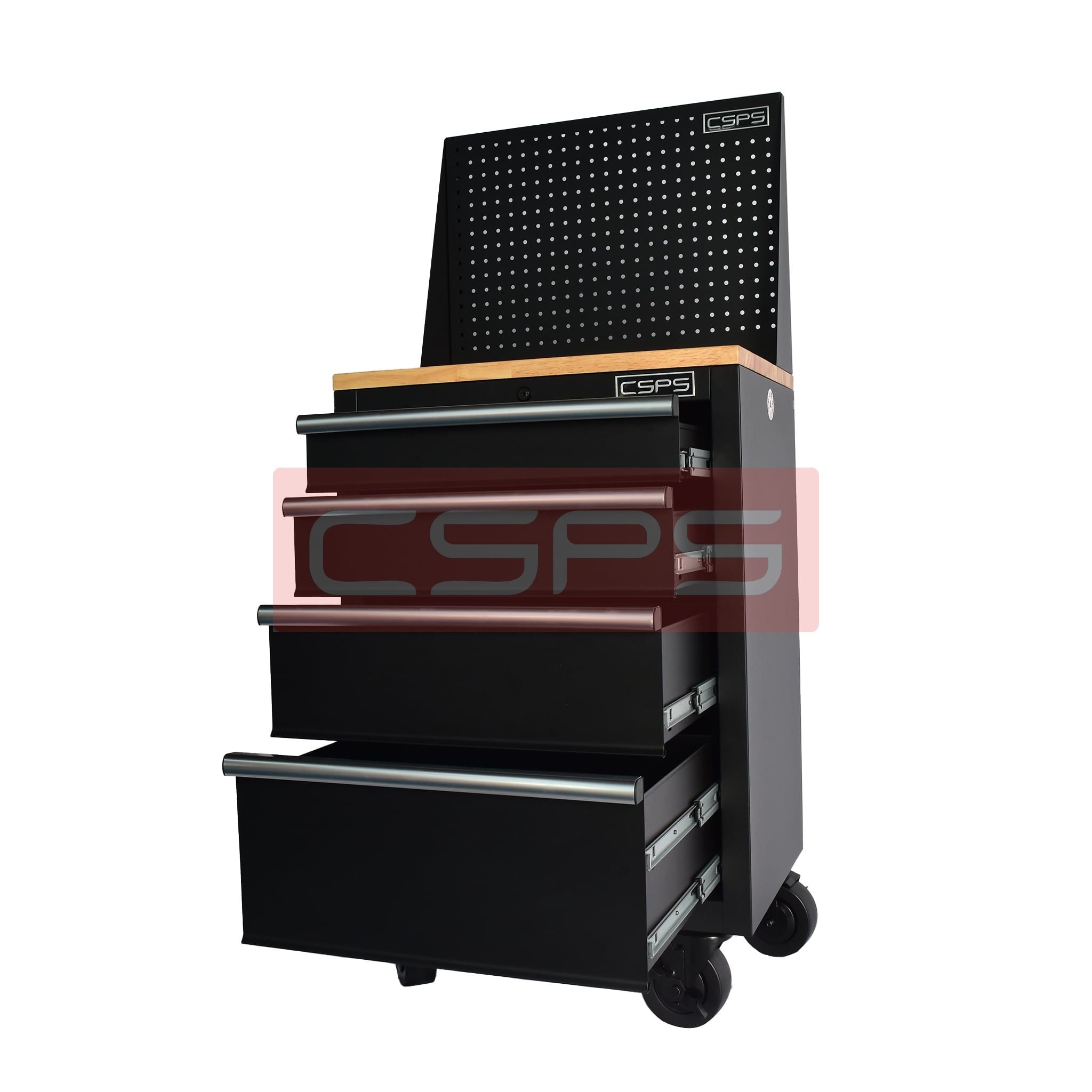 Tủ dụng cụ CSPS 61cm - 04 hộc kéo: Tủ đen tay cầm đen mặt gỗ vách lưới bánh xe mở hộc góc trái