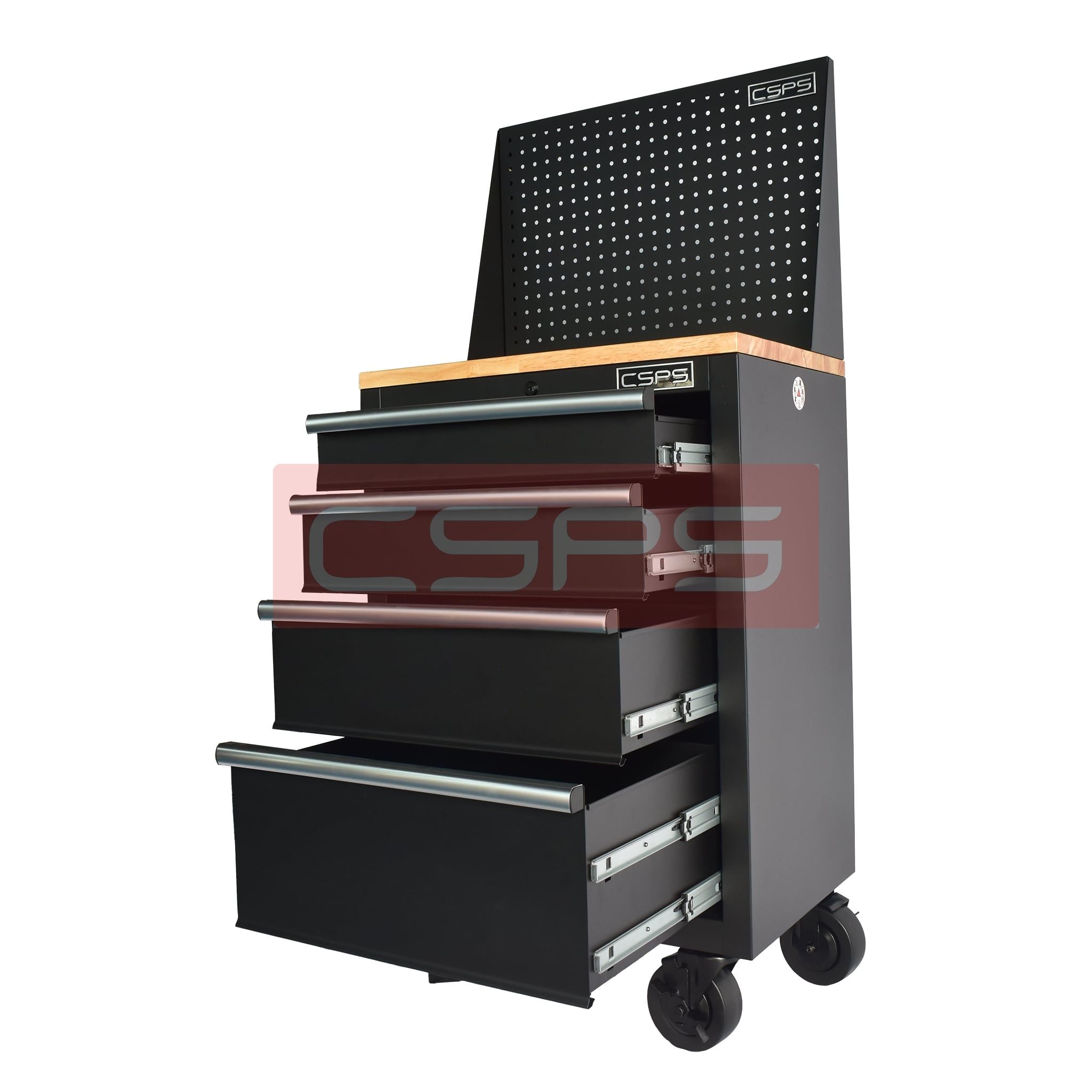 Tủ dụng cụ CSPS 61cm - 04 hộc kéo: Tủ đen tay cầm đen mặt gỗ vách lưới bánh xe mở hộc góc phải
