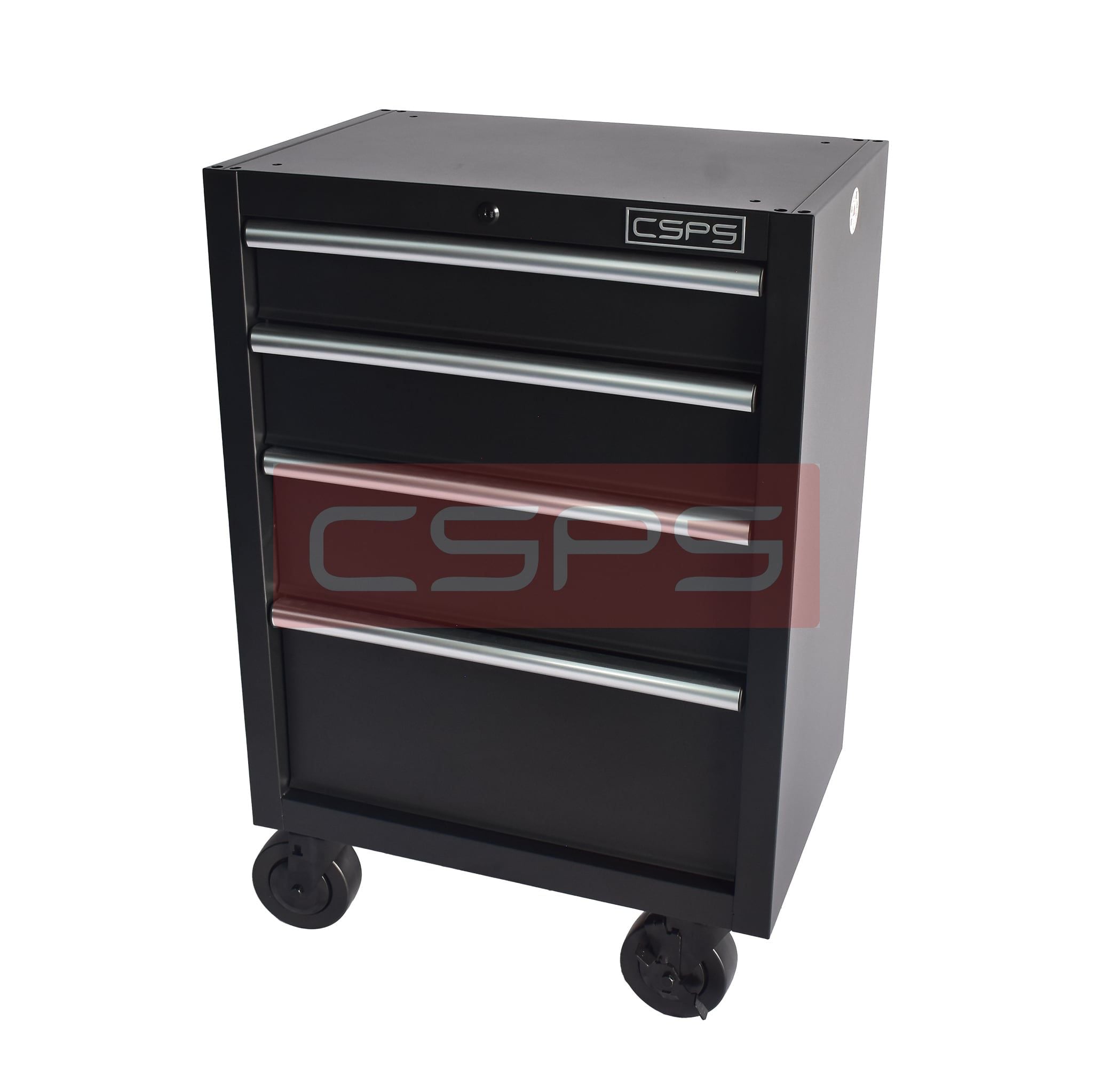 Tủ dụng cụ CSPS 61cm - 04 hộc kéo: Tủ đen tay cầm trắng bánh xe nhìn nghiêng