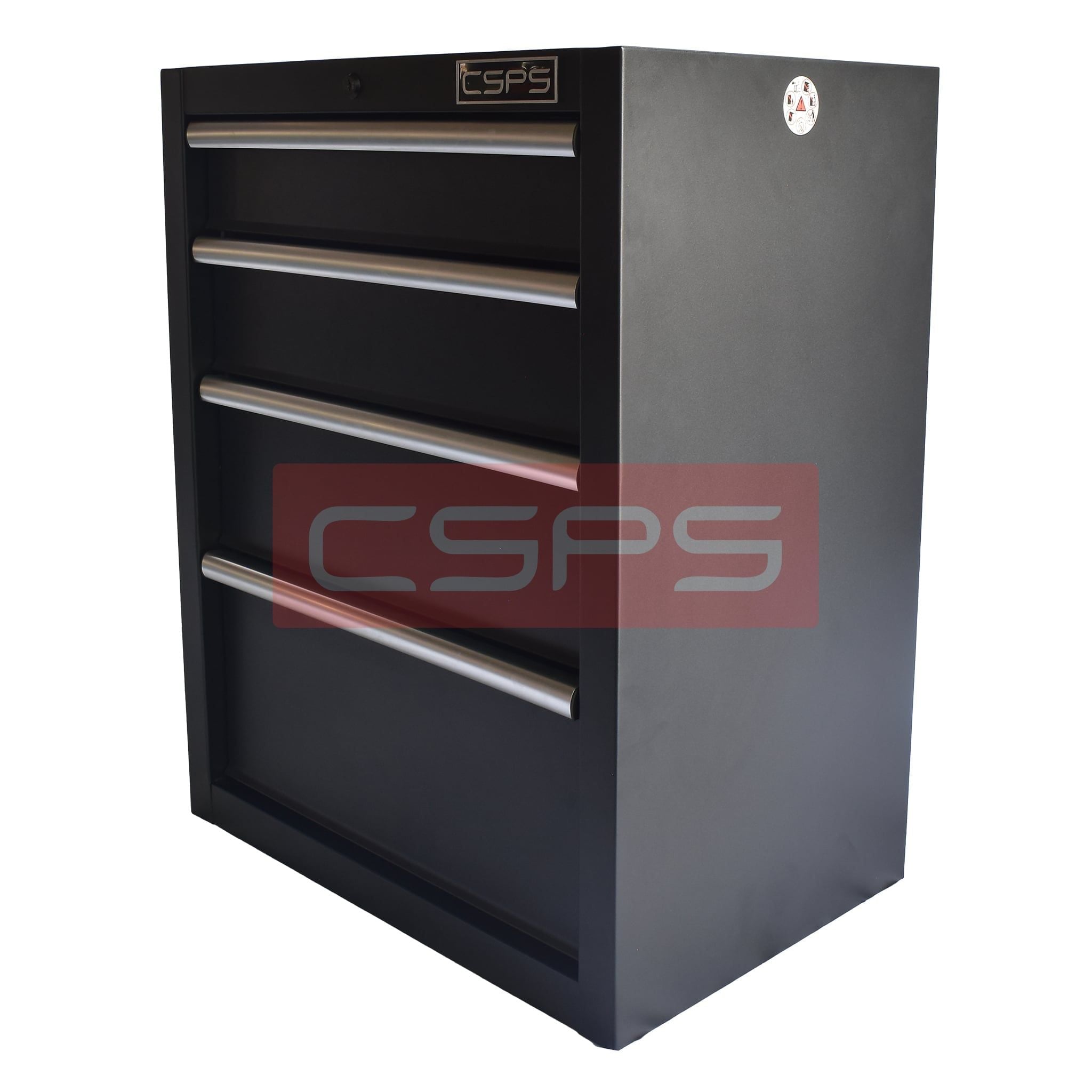 Tủ dụng cụ CSPS 61cm - 04 hộc kéo: Tủ đen tay cầm trắng chân đế góc bên