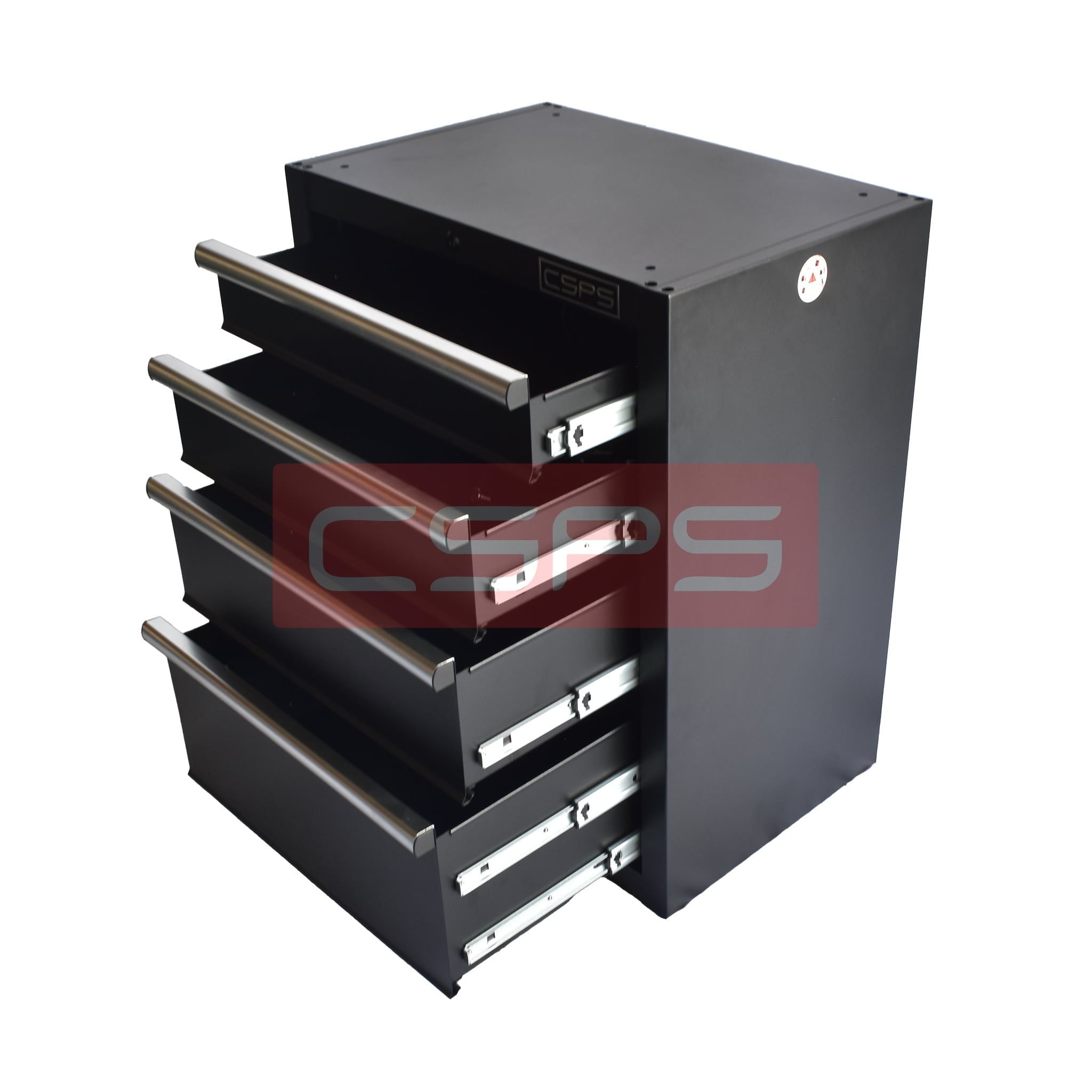 Tủ dụng cụ CSPS 61cm - 04 hộc kéo: Tủ đen tay cầm trắng chân đế mở hộc kéo góc trái