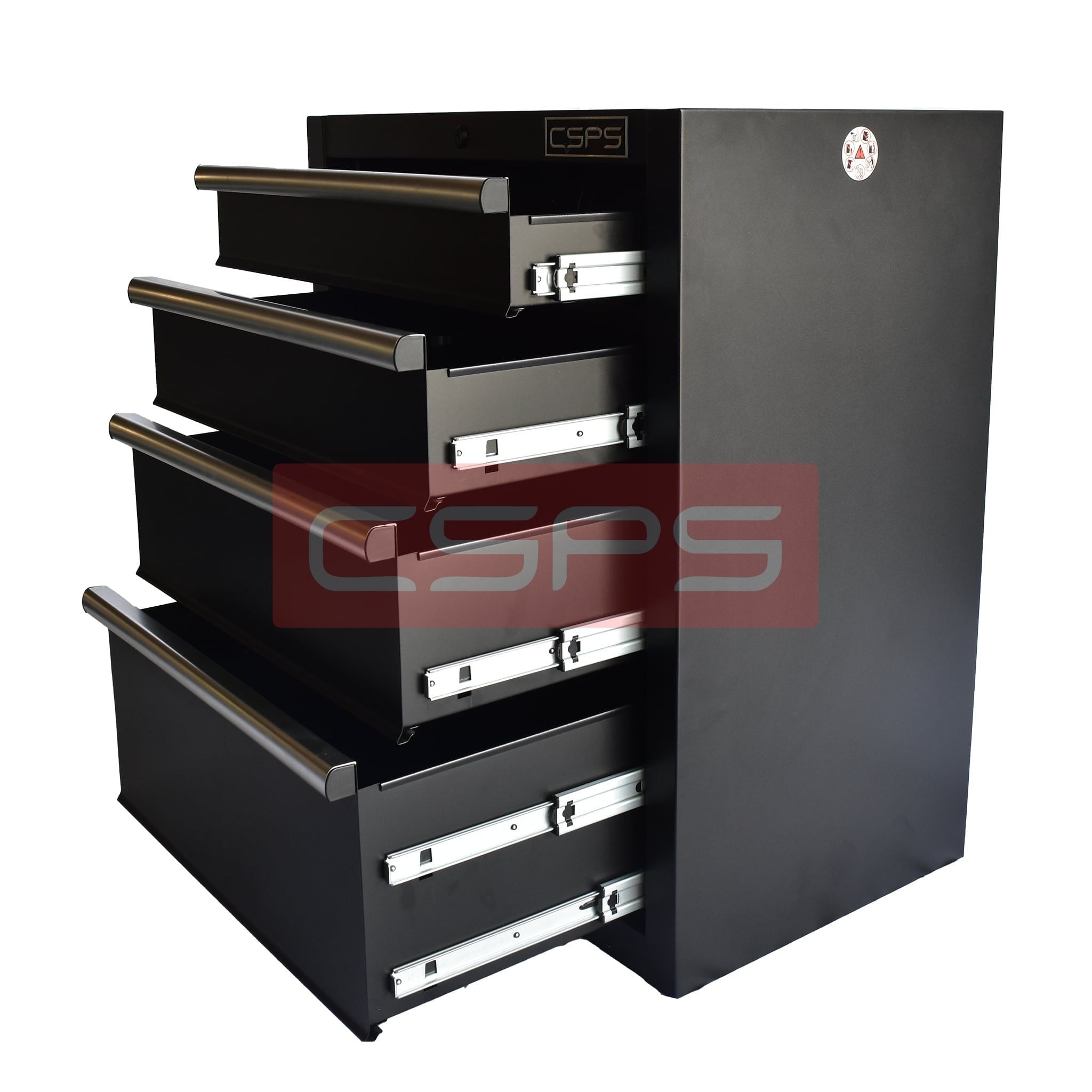 Tủ dụng cụ CSPS 61cm - 04 hộc kéo: Tủ đen tay cầm trắng chân đế mở hộc kéo góc phải