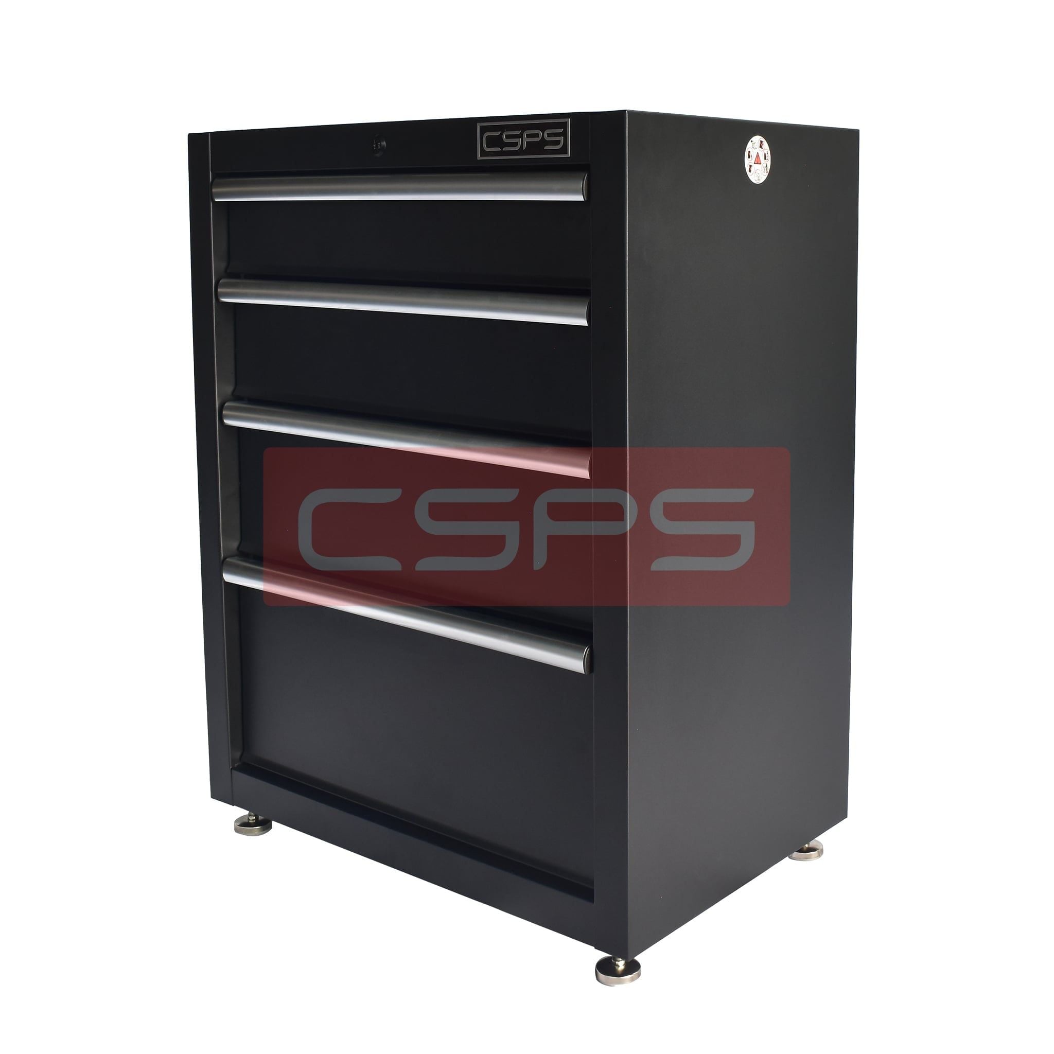 Tủ dụng cụ CSPS 61cm - 04 hộc kéo: Tủ đen tay cầm trắng chân đế nhìn nghiêng