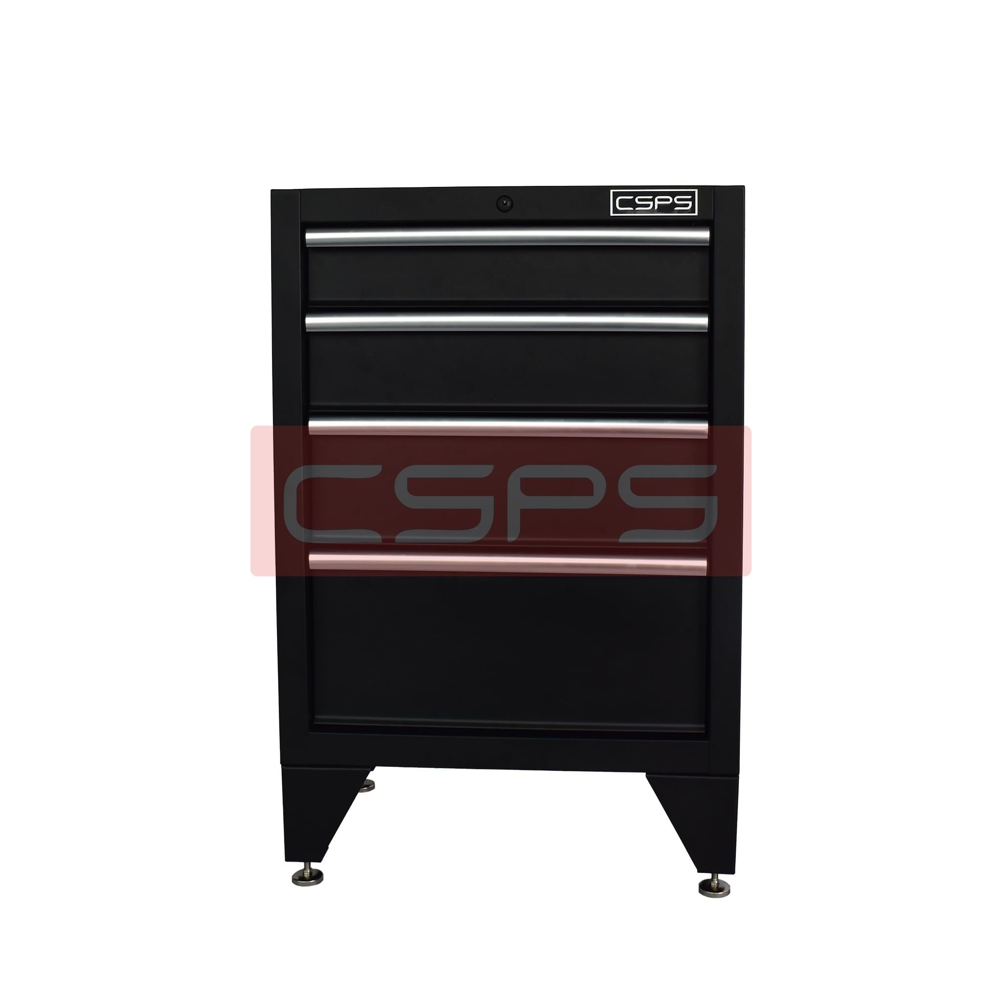 Tủ dụng cụ CSPS 61cm - 04 hộc kéo: Tủ đen tay cầm trắng chân tăng chỉnh chính diện