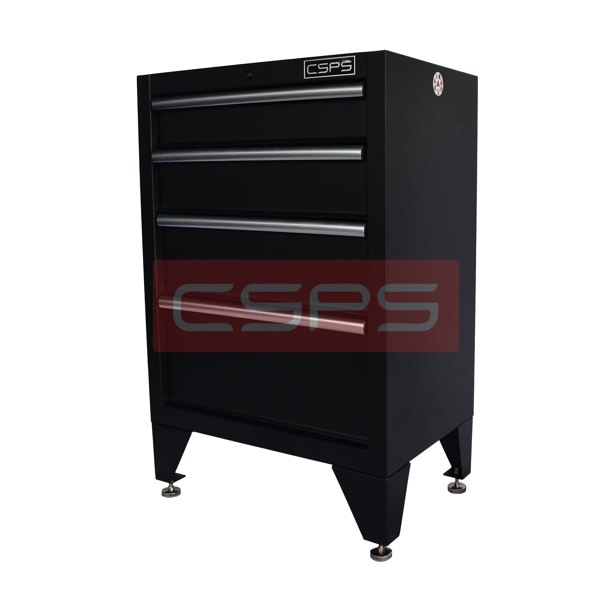 Tủ dụng cụ CSPS 61cm - 04 hộc kéo: Tủ đen tay cầm trắng chân tăng chỉnh nhìn nghiêng