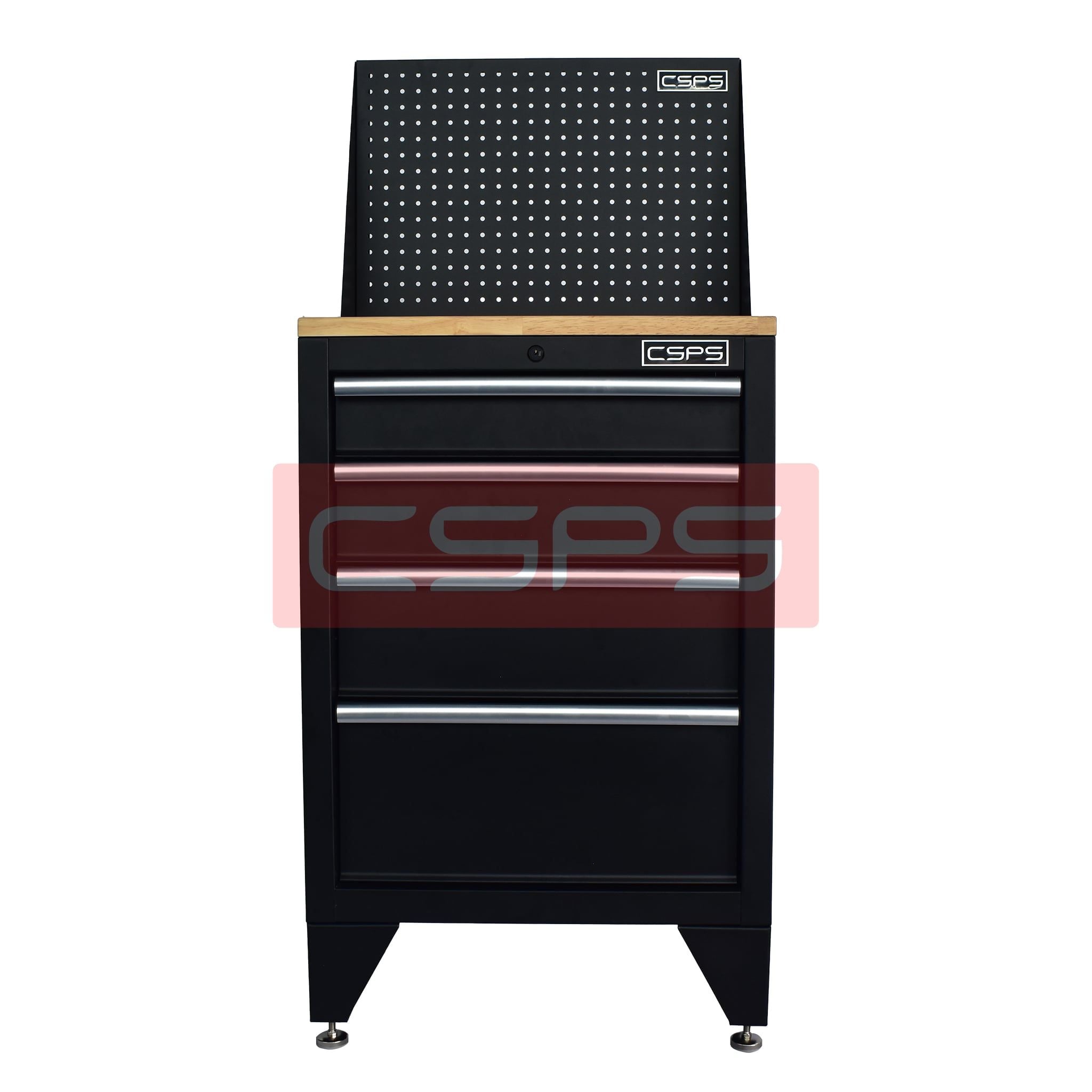 Tủ dụng cụ CSPS 61cm - 04 hộc kéo: Tủ đen tay cầm trắng mặt gỗ vách lưới chân tăng chỉnh chính diện